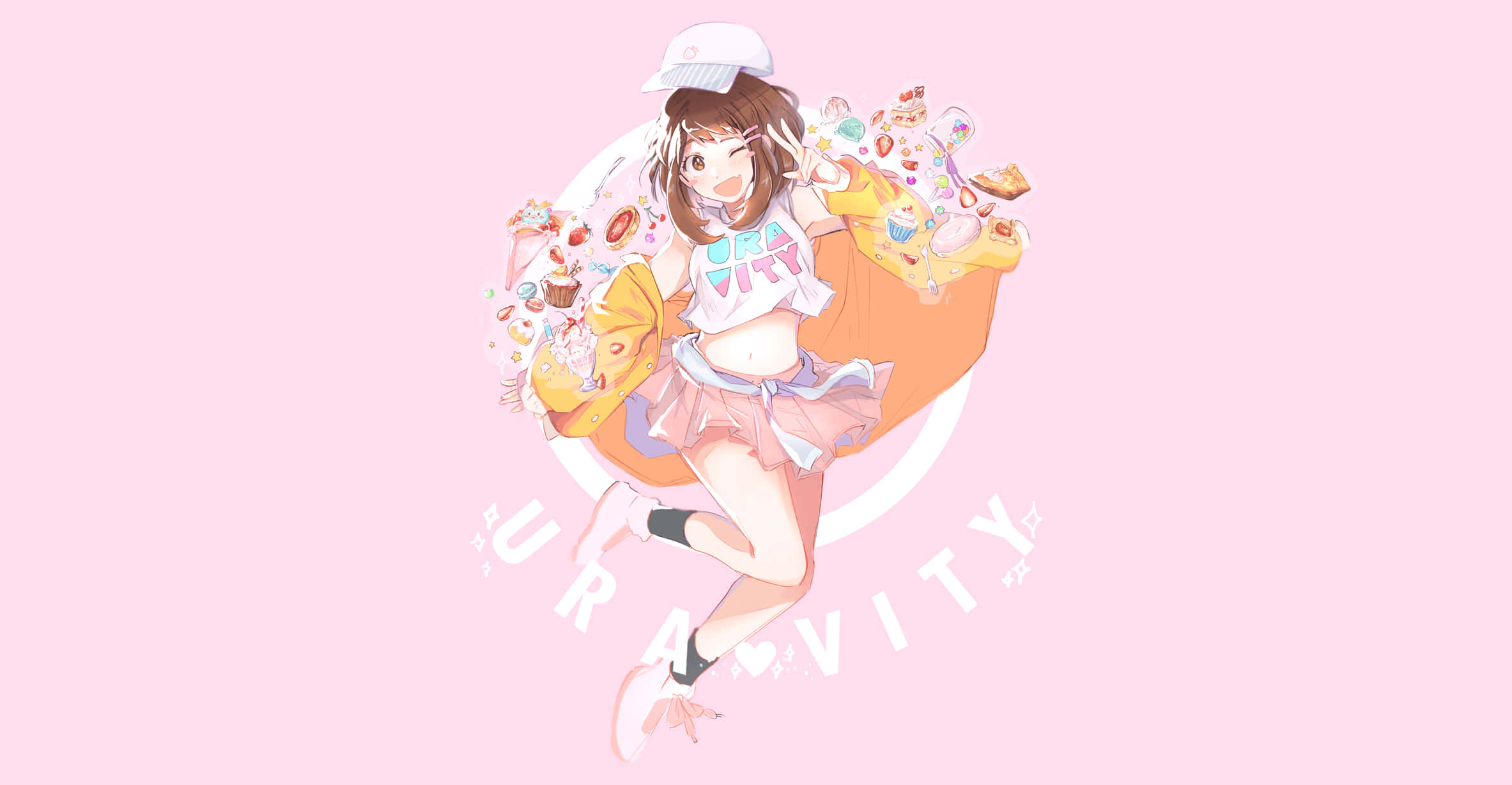 Uraraka Aesthetic, anime girl, white cap, Full HD Desktop Wallpaper