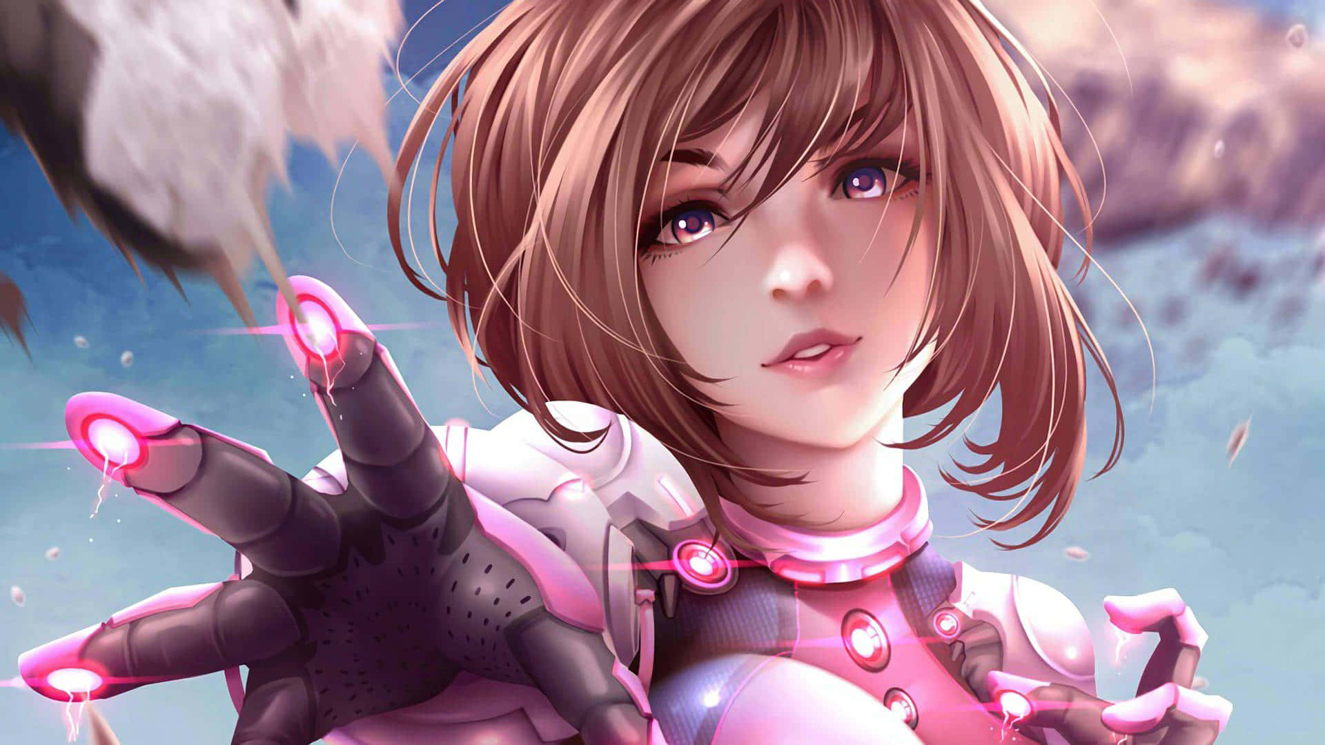 Uraraka Aesthetic, brown hair, glowing pink fingertips, Full HD Desktop Wallpaper