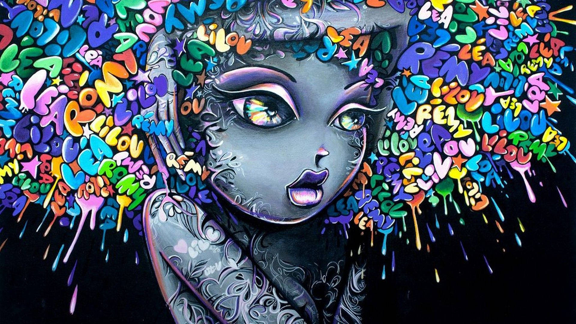 colorful-haired woman, gray skin, vibrant graffiti letters, Full HD Desktop Wallpaper