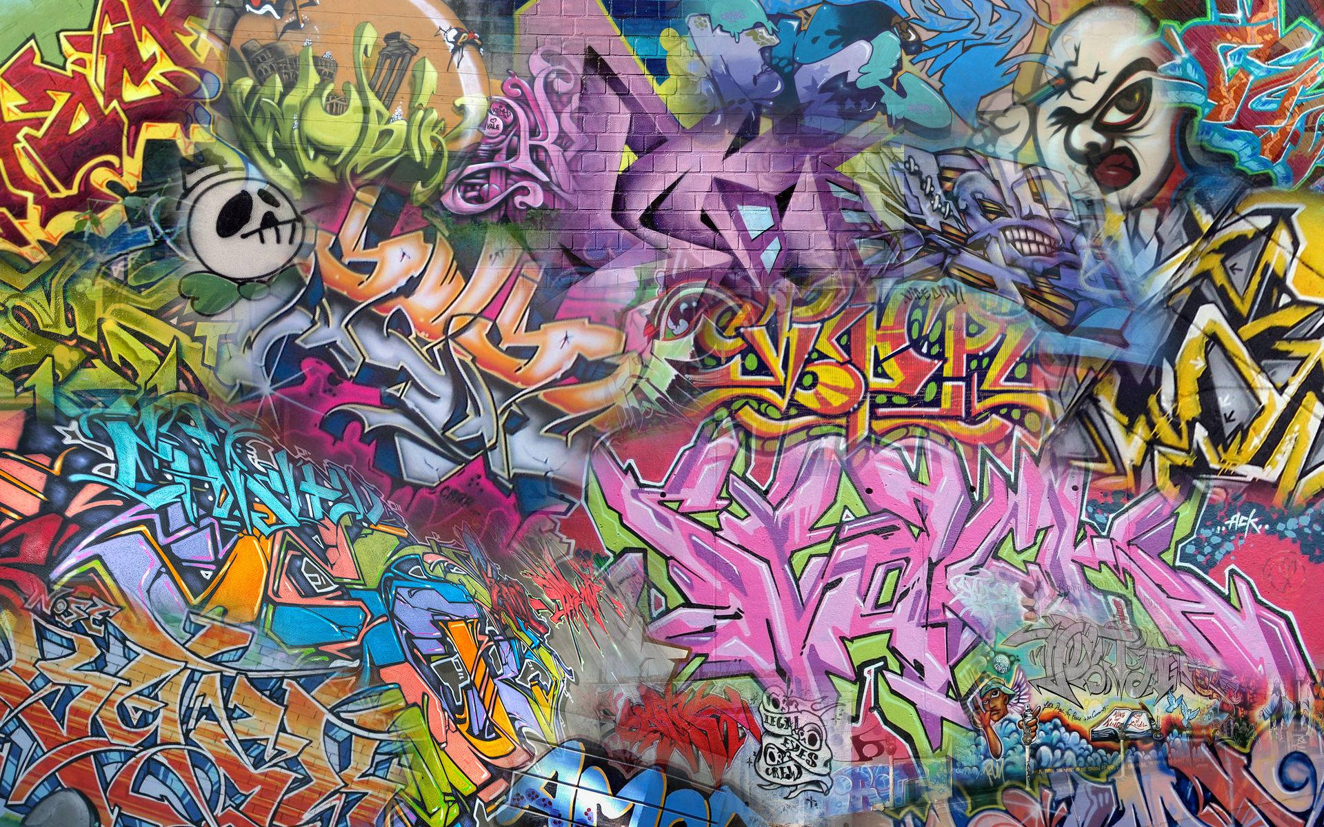 graffiti art, brick wall, bold colors, Full HD Desktop Wallpaper