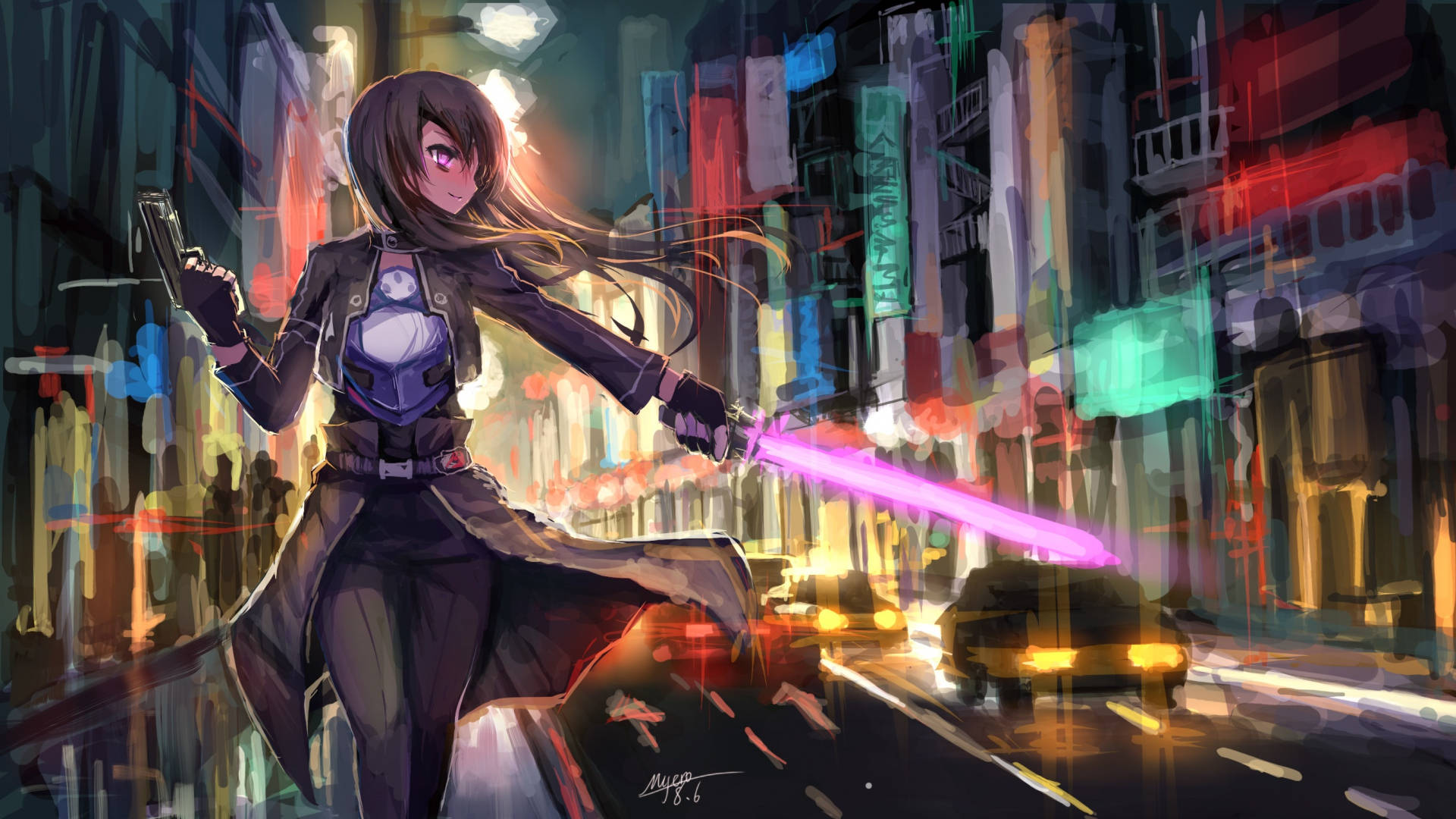 anime girl, glowing purple sword, pistol, Full HD Desktop Wallpaper