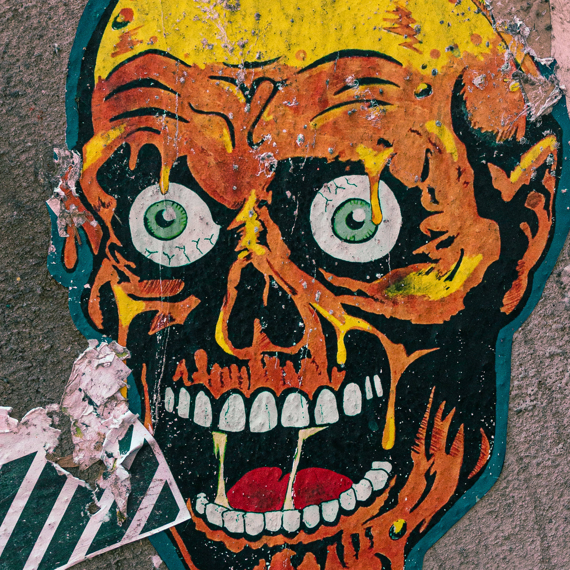 cartoon skull, green eyes, dripping orange paint, Full HD Desktop Wallpaper