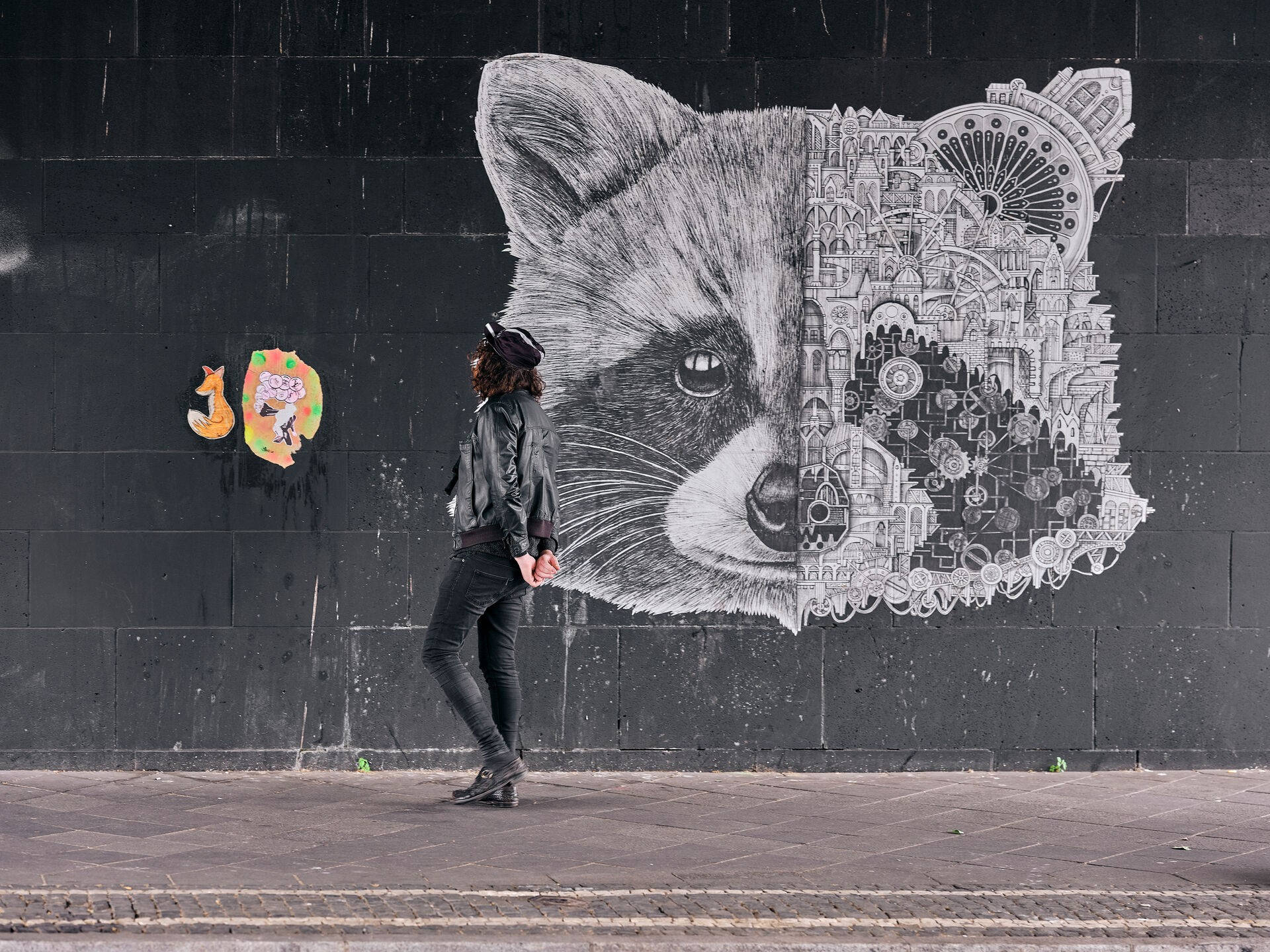 raccoon, woman, black and white mural, Full HD Desktop Wallpaper