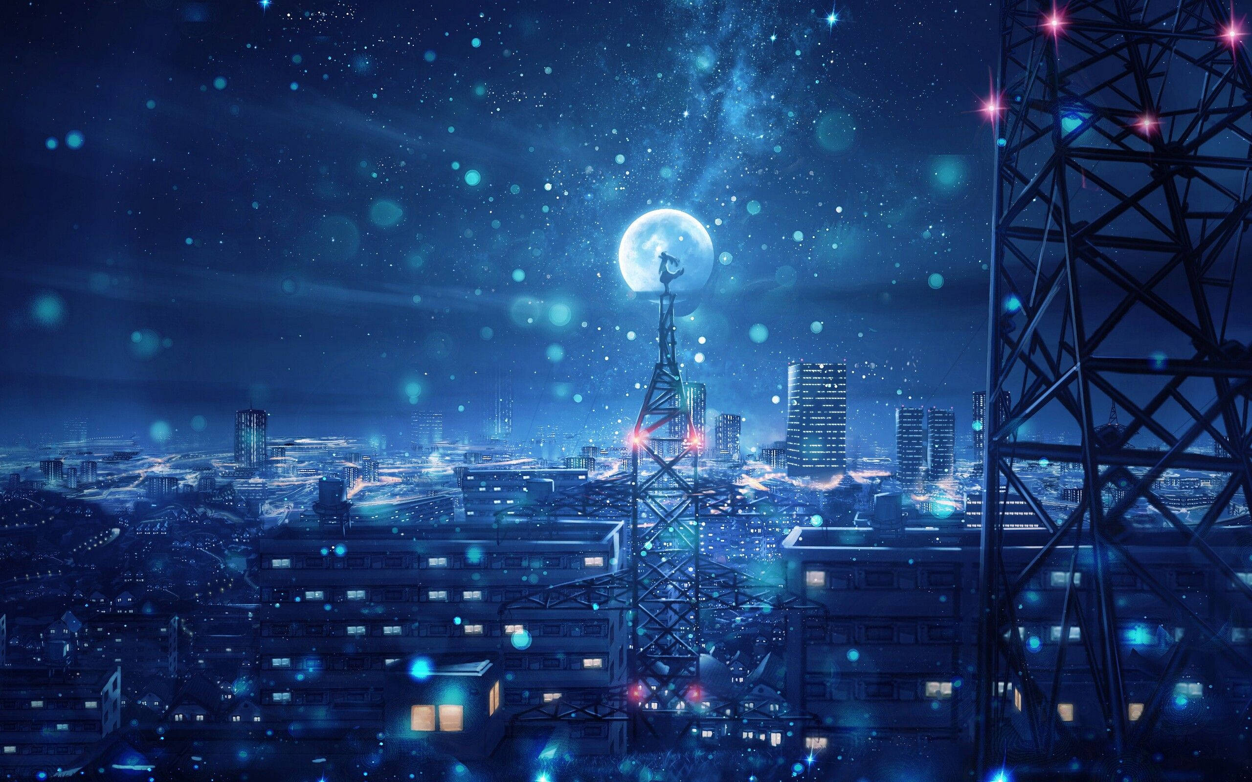 4D Ultra HD Urban Sky, glowing full moon, futuristic cityscape, 2K Desktop Wallpaper