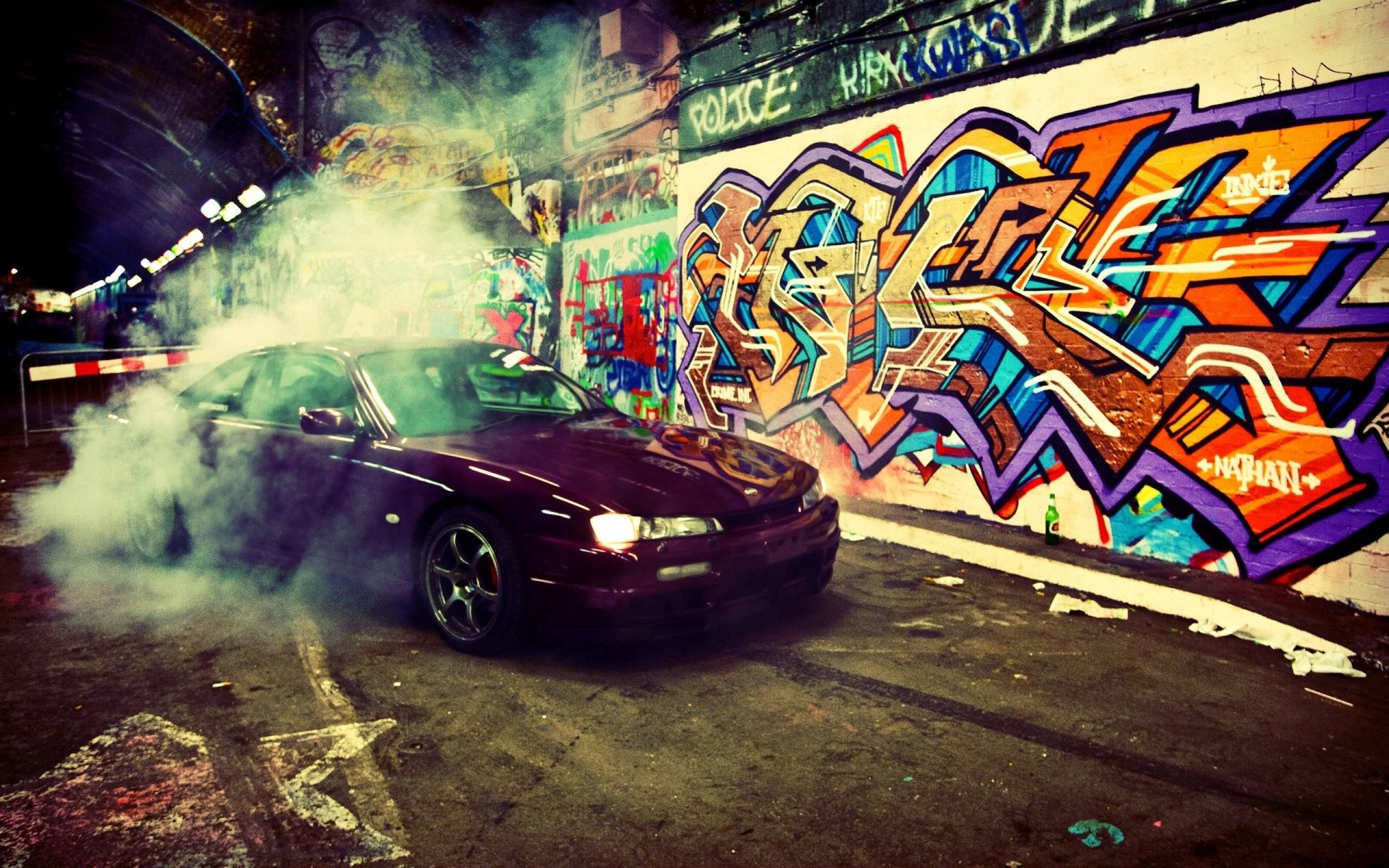 purple sports car, smokes dramatically, graffiti-covered urban alley, 2K Desktop Wallpaper