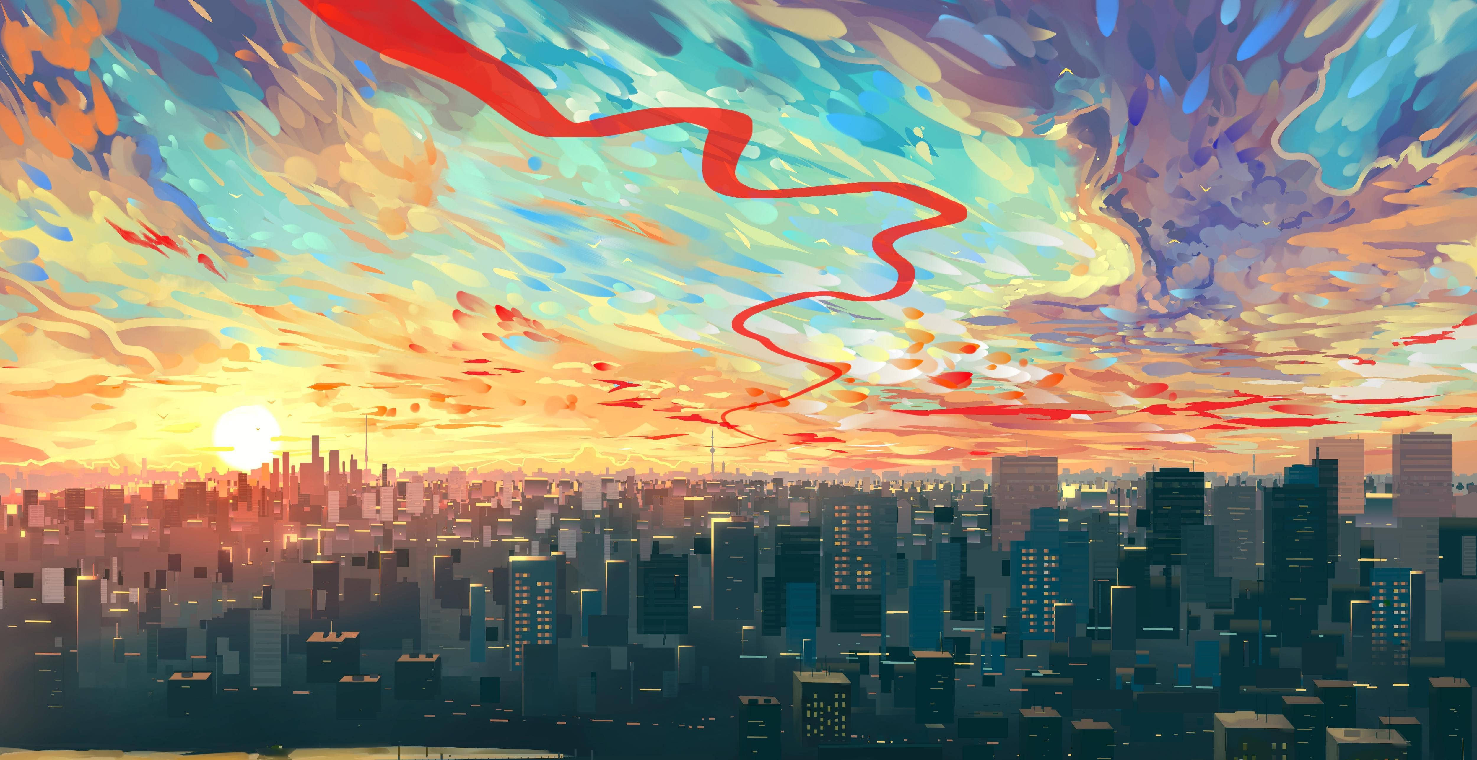 Cityscape Urban Art, sunset, red and blue clouds, 4K Desktop Wallpaper