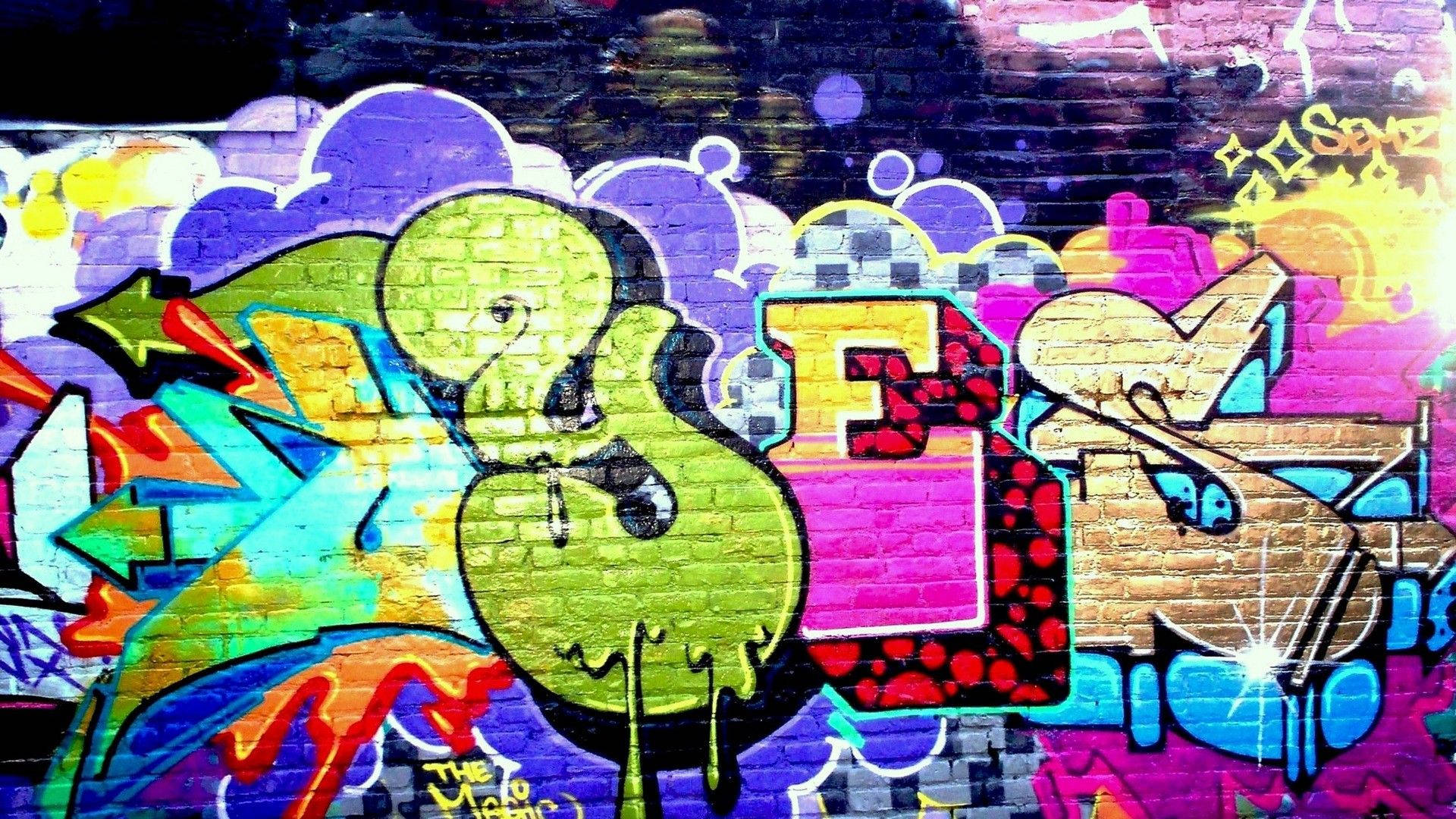 graffiti art, brick wall, dripping green letters, Full HD Desktop Wallpaper
