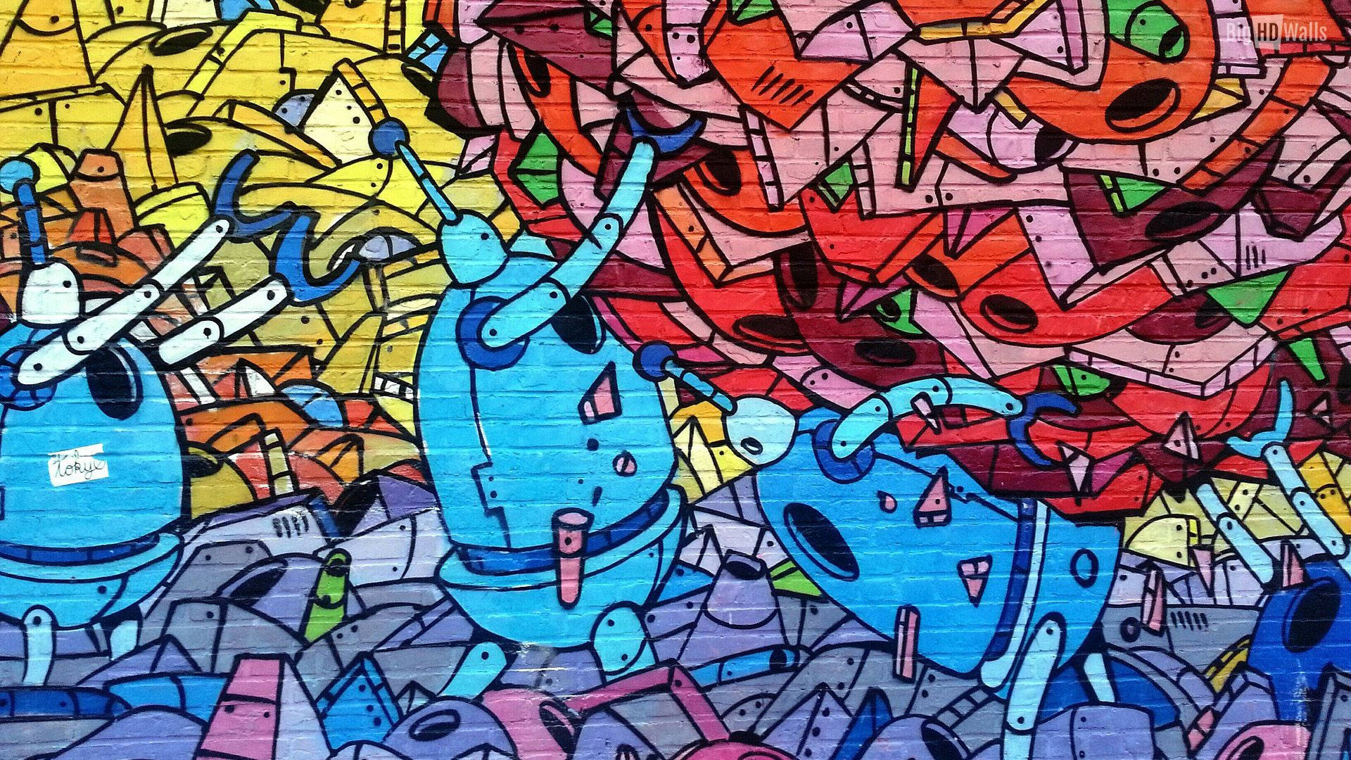 Colorful Cyborg Urban Art, blue robot figures, vibrant graffiti art, Full HD Desktop Wallpaper
