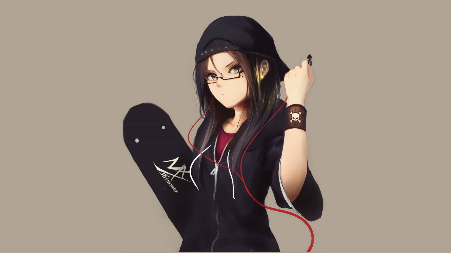 Anime girl, glasses, black hoodie, Full HD Desktop Wallpaper