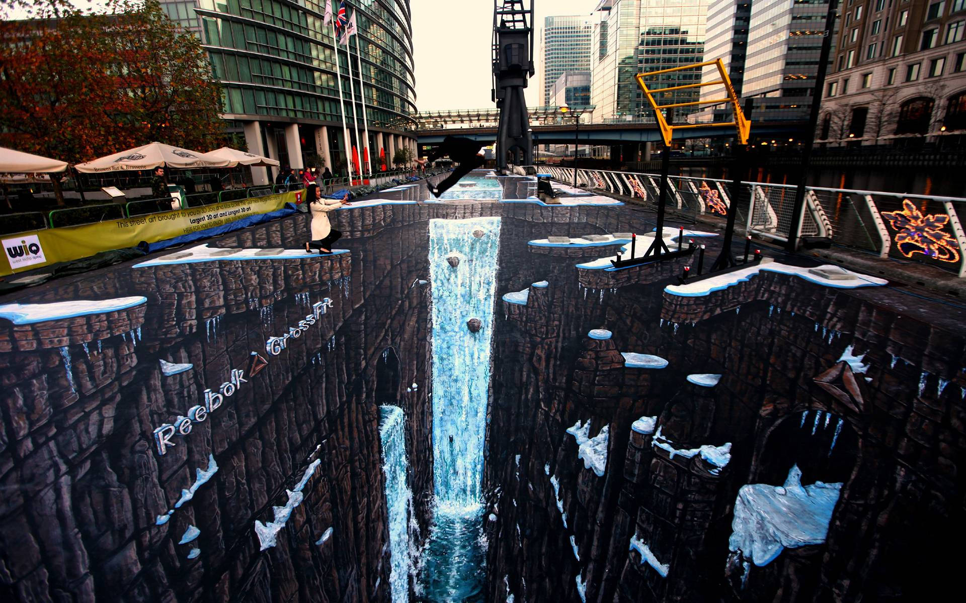 3D chalk art illusion, snowy canyon, waterfall, Full HD Desktop Wallpaper