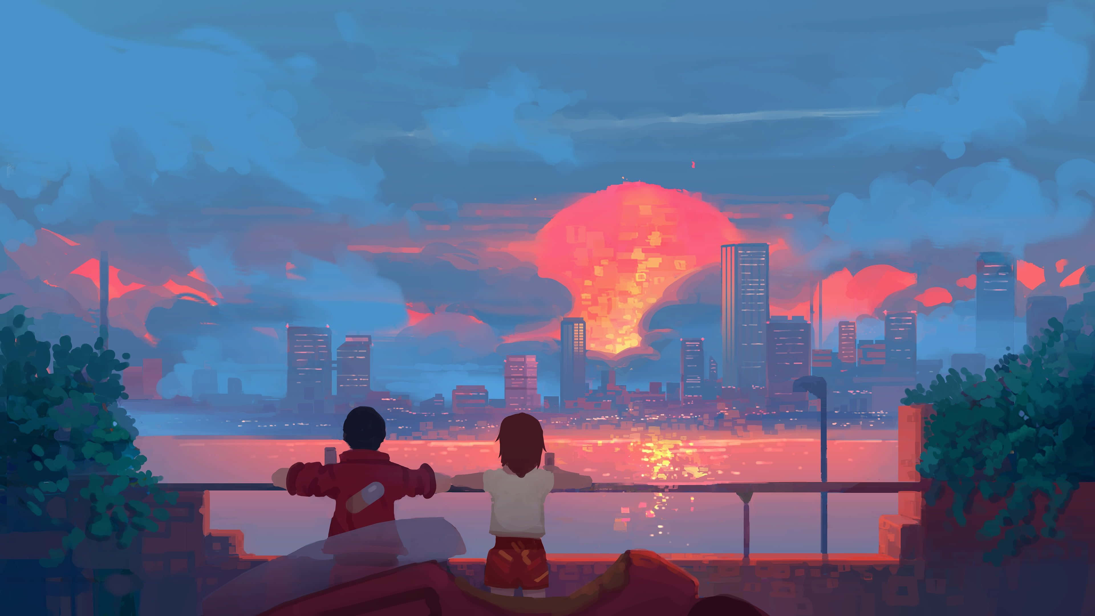 rooftop, city skyline, fiery sunset, 4K Desktop Wallpaper