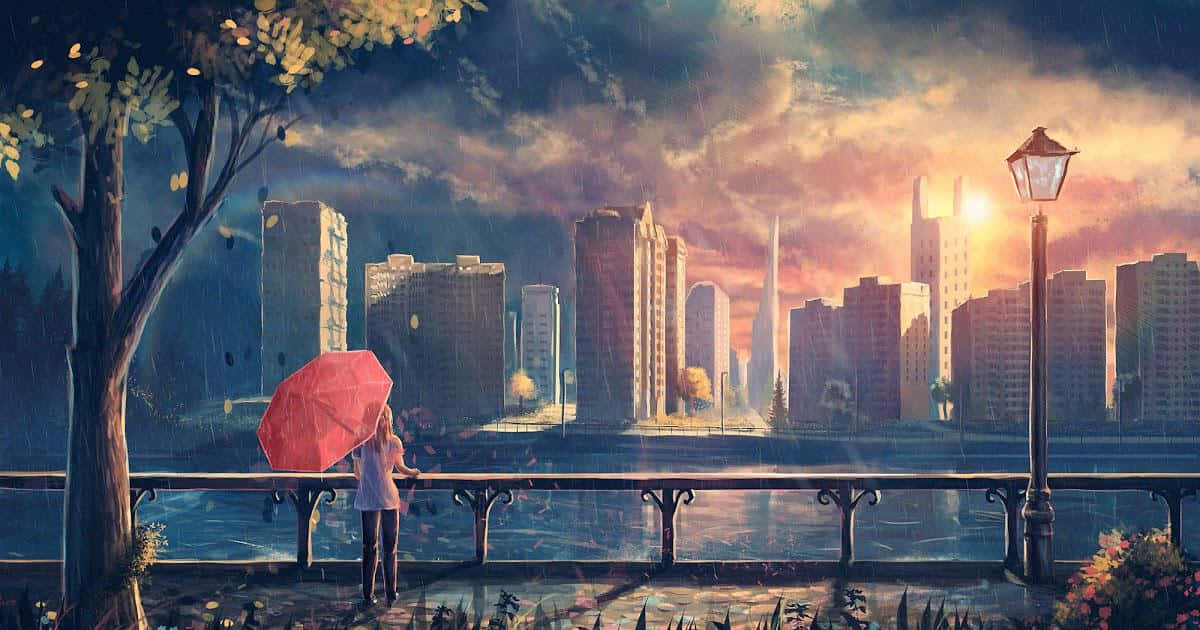 red umbrella, rainy cityscape, sunset, SD Desktop Wallpaper