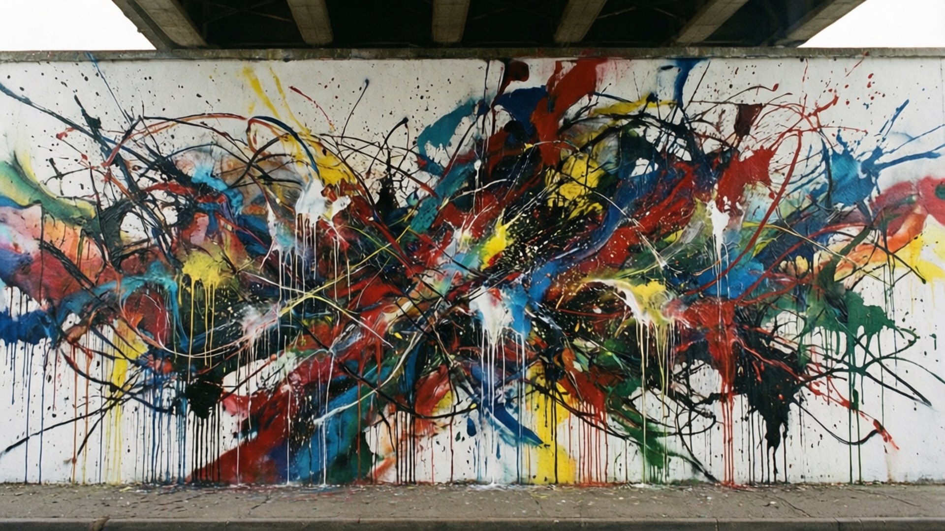 abstract graffiti splatters, red blue yellow and black, white concrete wall, Full HD Desktop Wallpaper