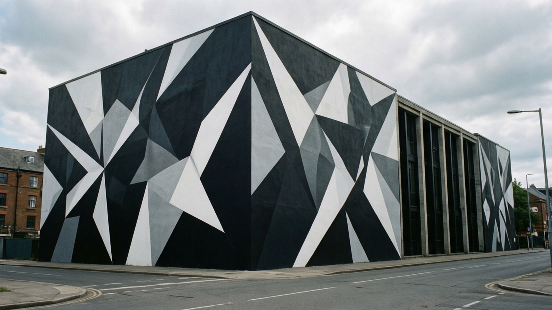 geometric mural, black and white, modern building, Full HD Desktop Wallpaper