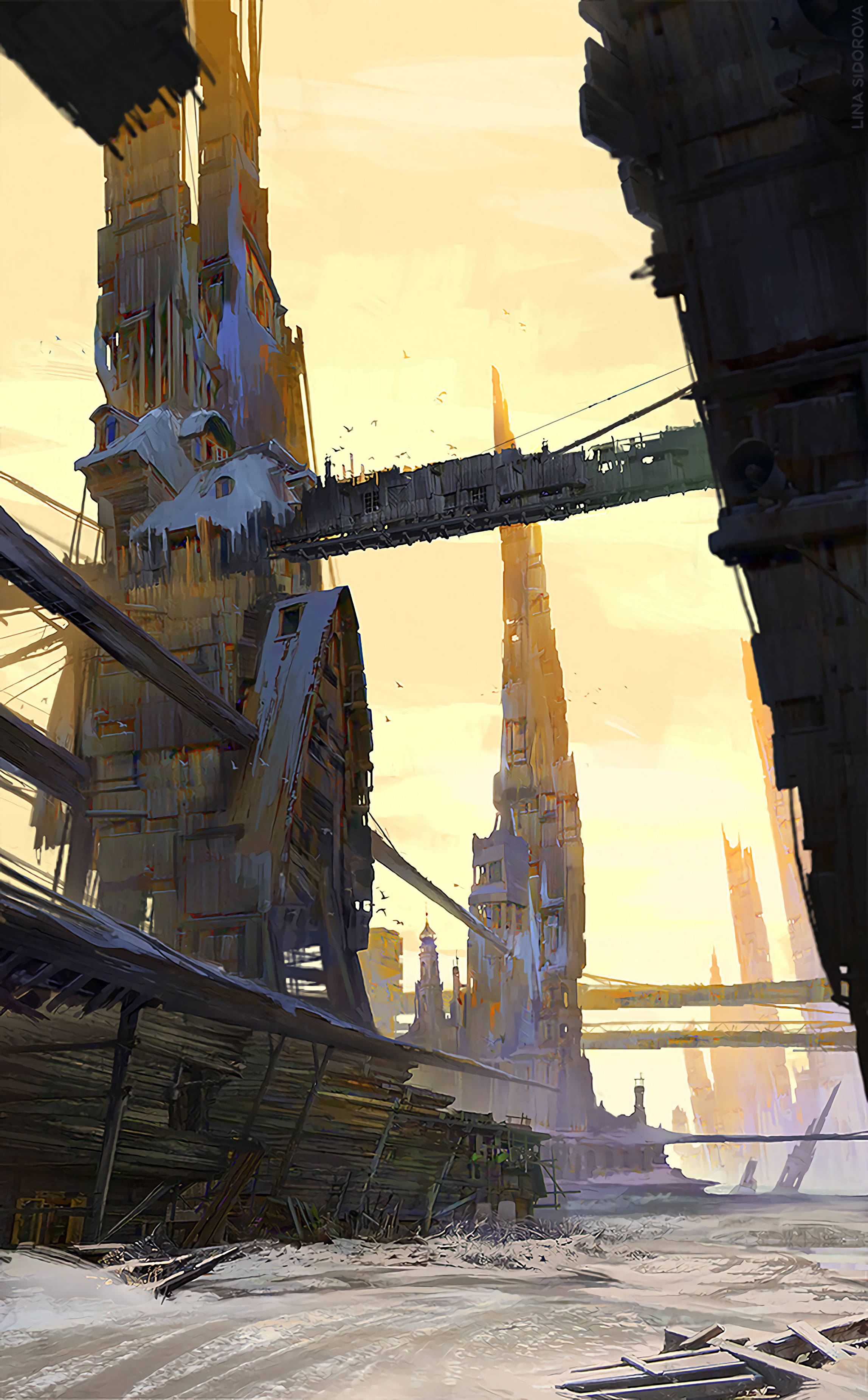 Fantasy City Art, snow-covered futuristic cityscape, towering broken skyscrapers, 2K Phone Wallpaper