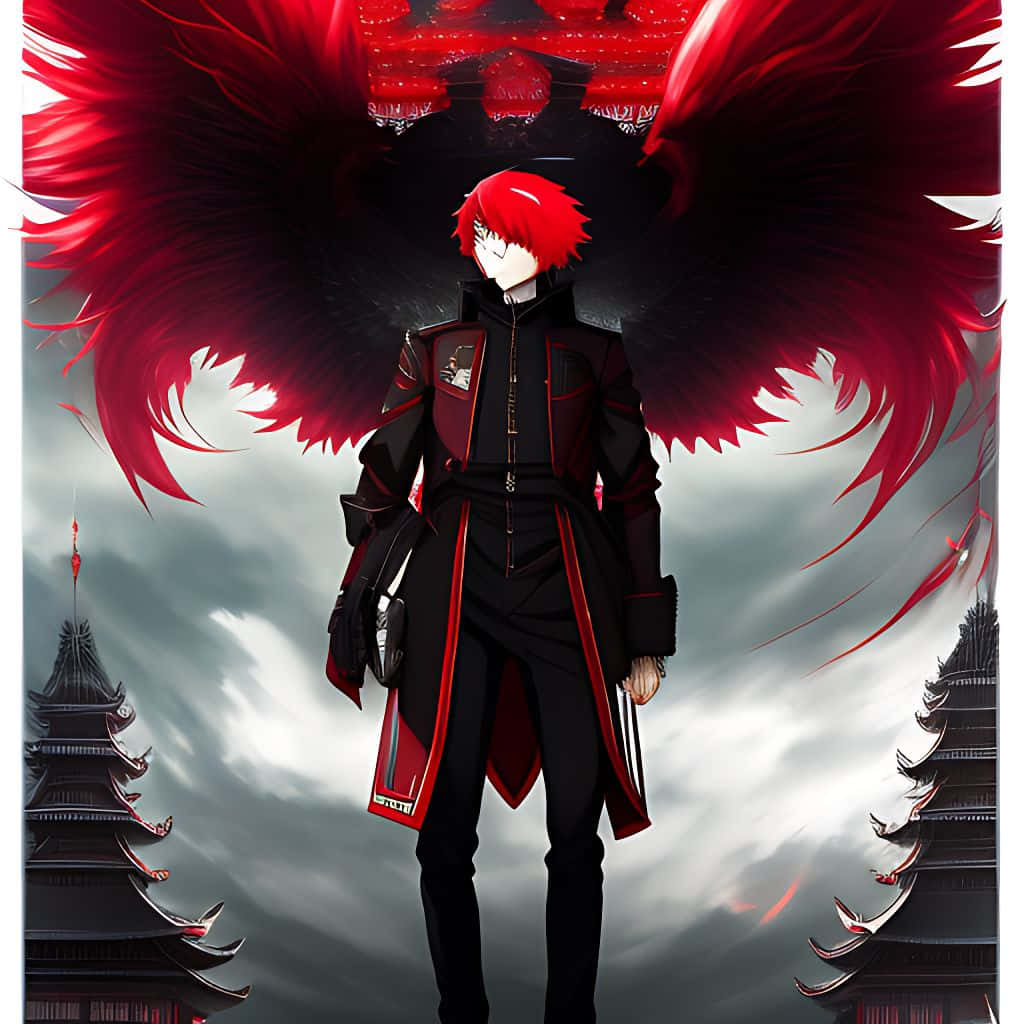 red-haired anime character, massive red and black wings, traditional pagodas, SD Desktop Wallpaper