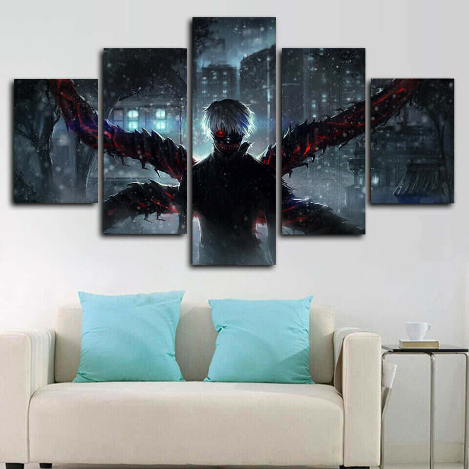 urban fantasy, five-panel anime canvas, masked figure, SD Desktop Wallpaper