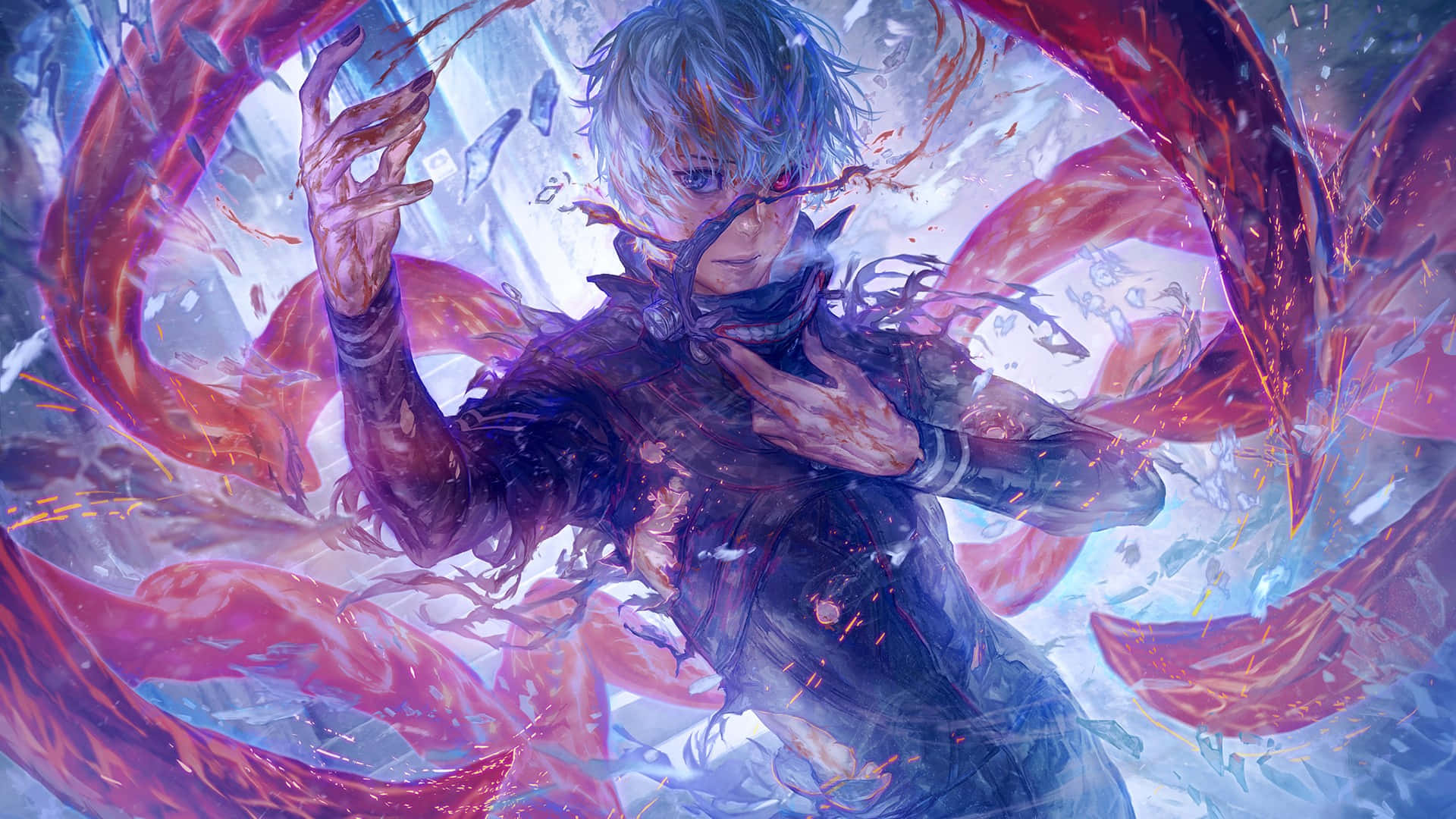 silver-haired anime warrior, red eyes, swirling red and blue energy, Full HD Desktop Wallpaper