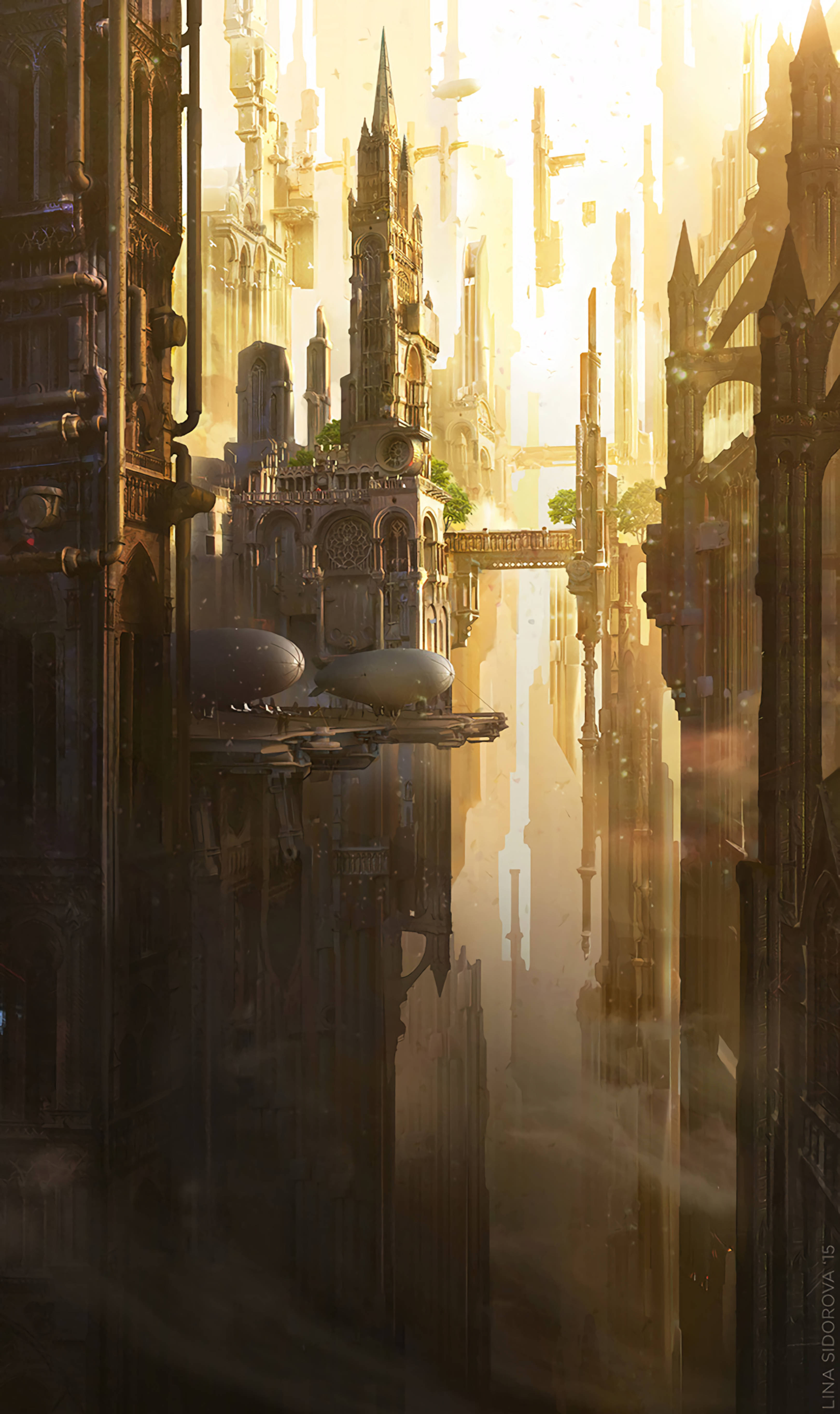 golden light, towering gothic cityscape, floating airships, 5K Phone Wallpaper
