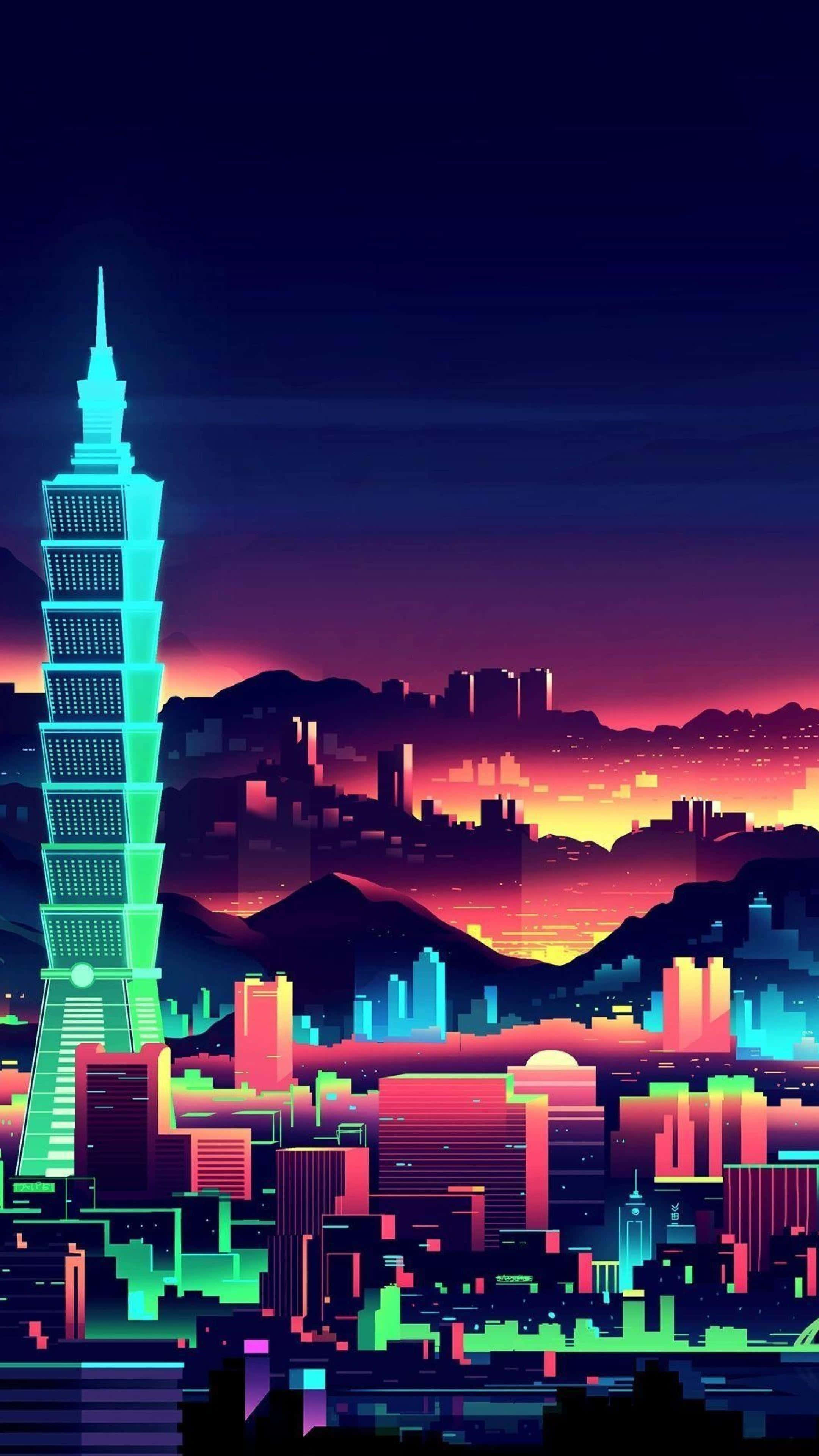 neon-drenched cyberpunk cityscape, dusk, glowing skyscraper, 4K Phone Wallpaper