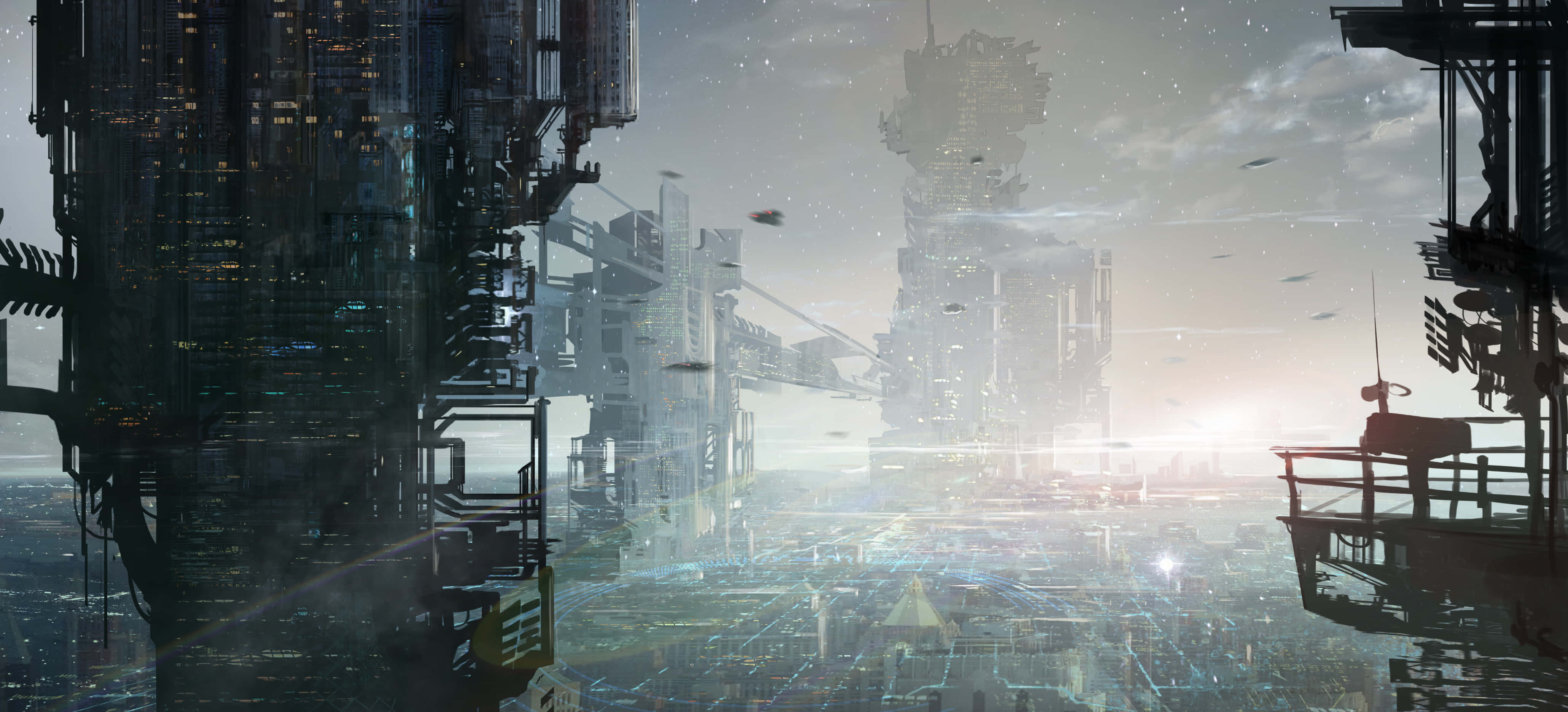 futuristic cityscape, towering skyscrapers, flying vehicles, 4K Desktop Wallpaper