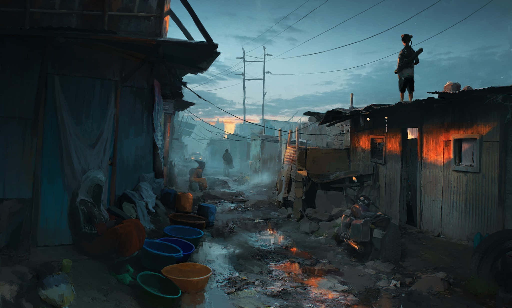 Dusk Vigil Over Shantytown, rusty shack, muddy slum alley, Full HD Desktop Wallpaper
