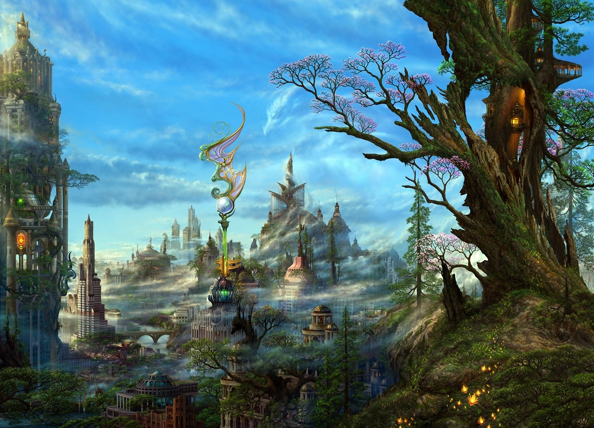 Fantasy Forest City, misty valleys, colossal ancient trees, Full HD Desktop Wallpaper