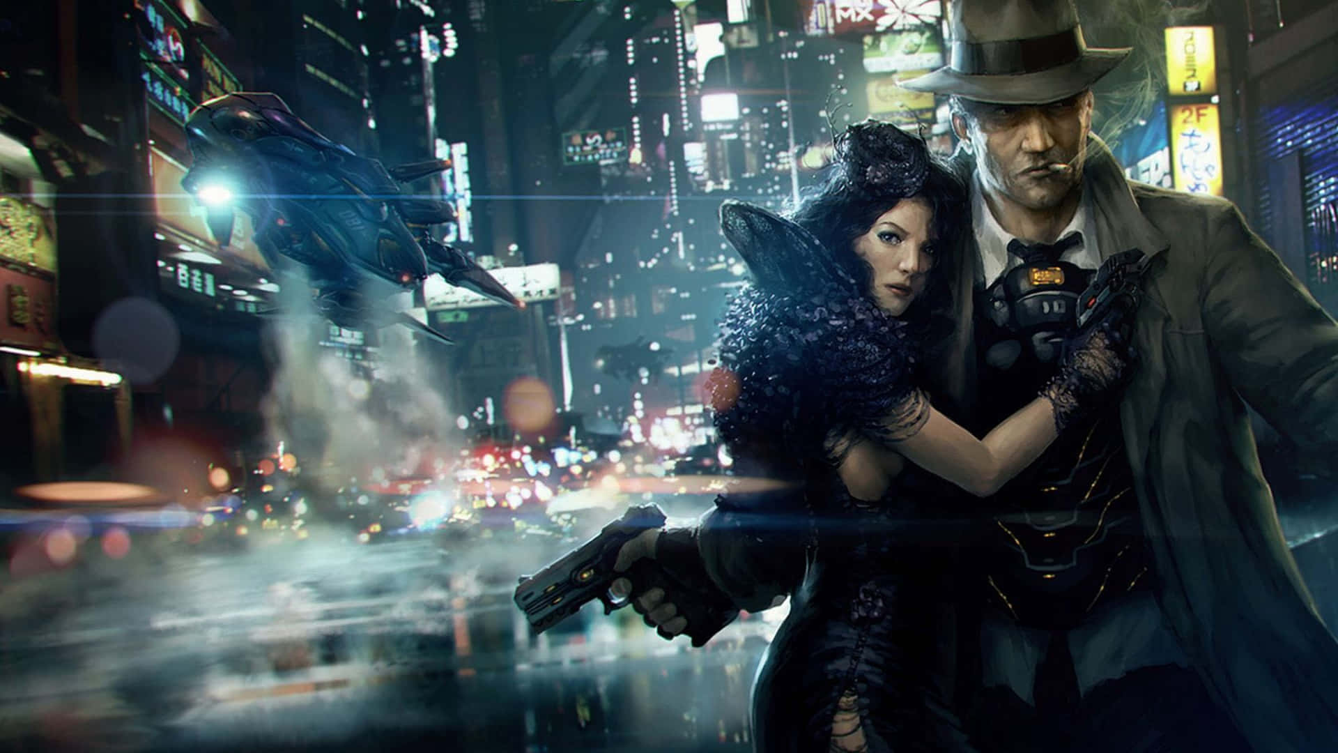 Urban Fantasy Art, neon-lit rain-soaked cyberpunk city street, flying vehicles, Full HD Desktop Wallpaper