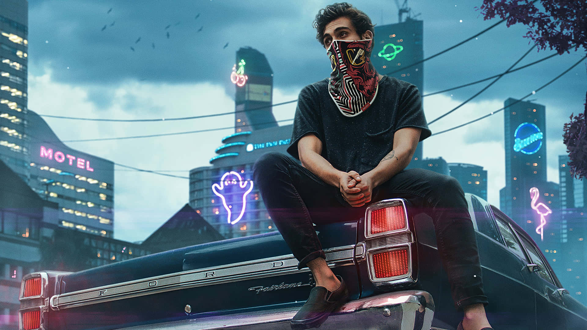masked young man, vintage Ford car, neon-lit cityscape, Full HD Desktop Wallpaper