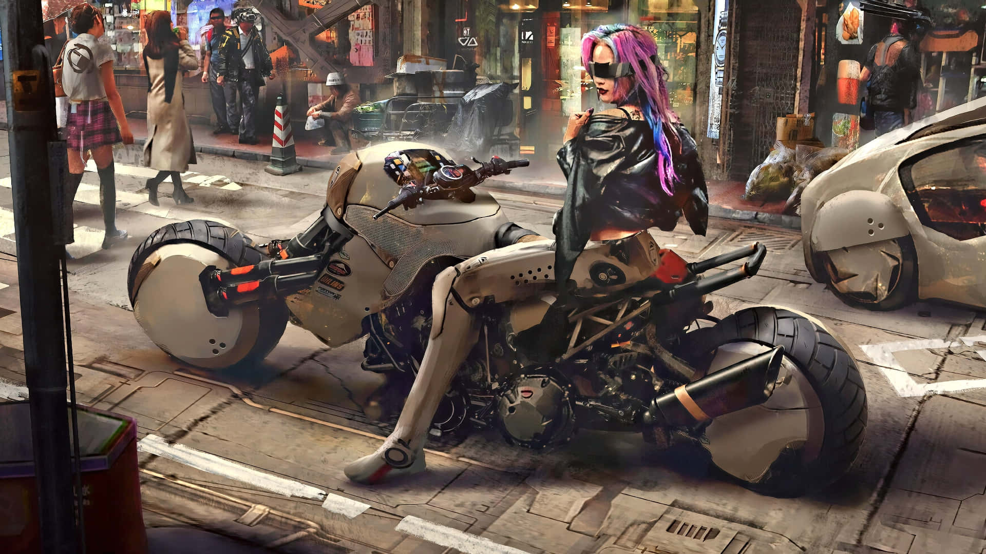 cyberpunk woman, purple hair, futuristic motorcycle, Full HD Desktop Wallpaper
