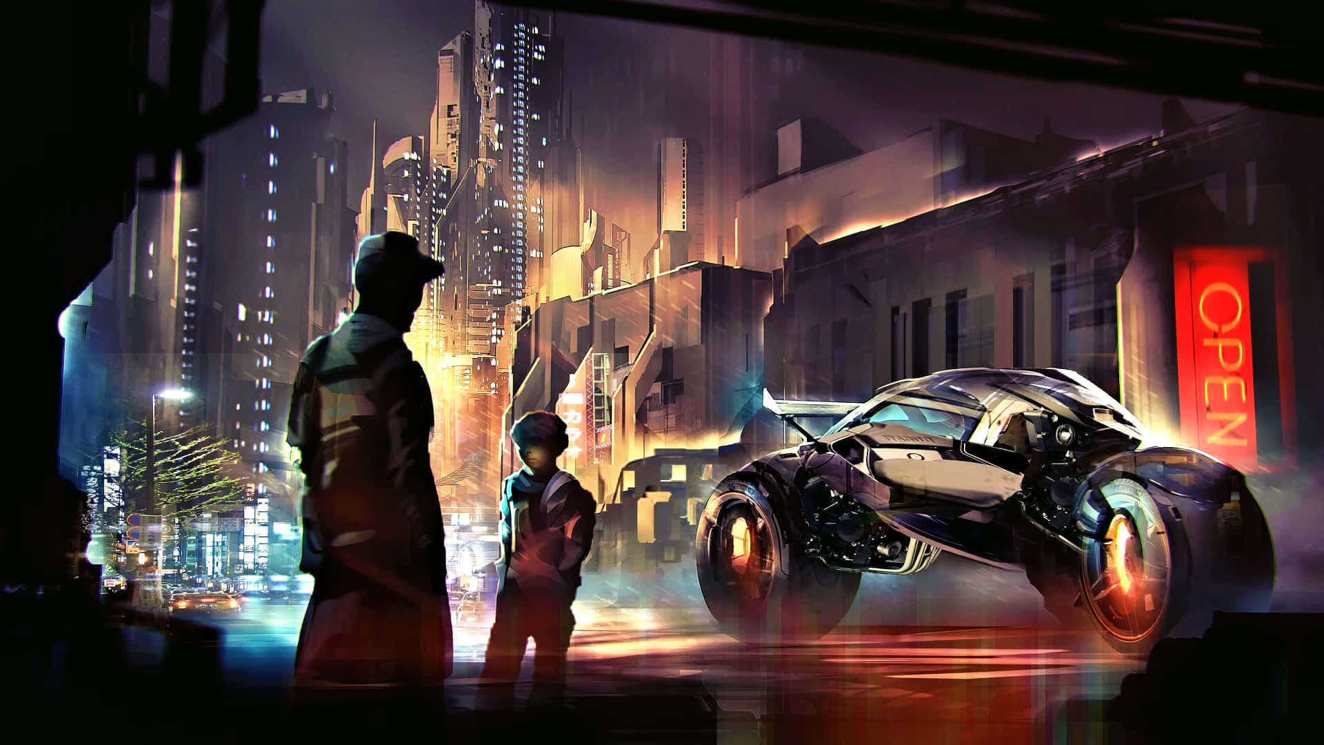 neon-lit futuristic cityscape, sleek batmobile, mystical dragon, Full HD Desktop Wallpaper