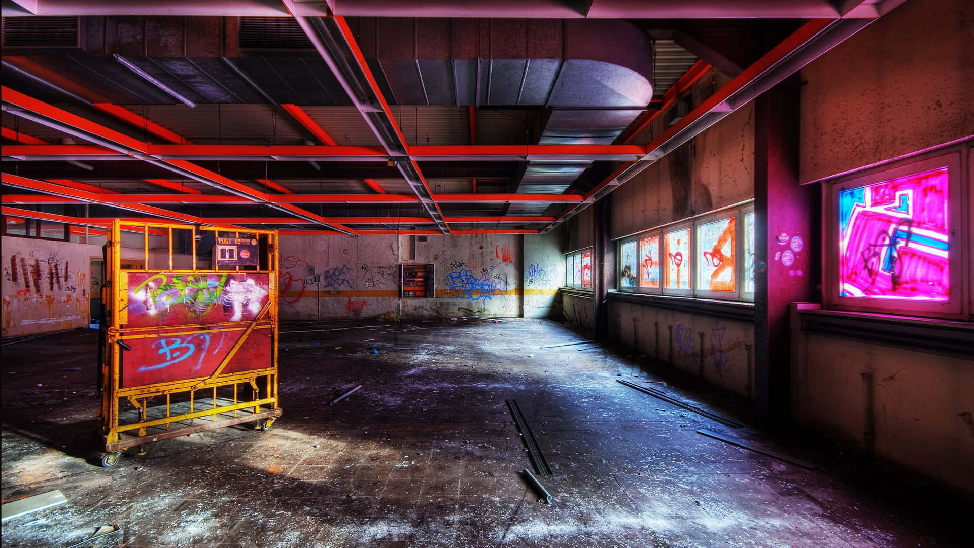 abandoned industrial hallway, neon pink light, glowing windows, Full HD Desktop Wallpaper