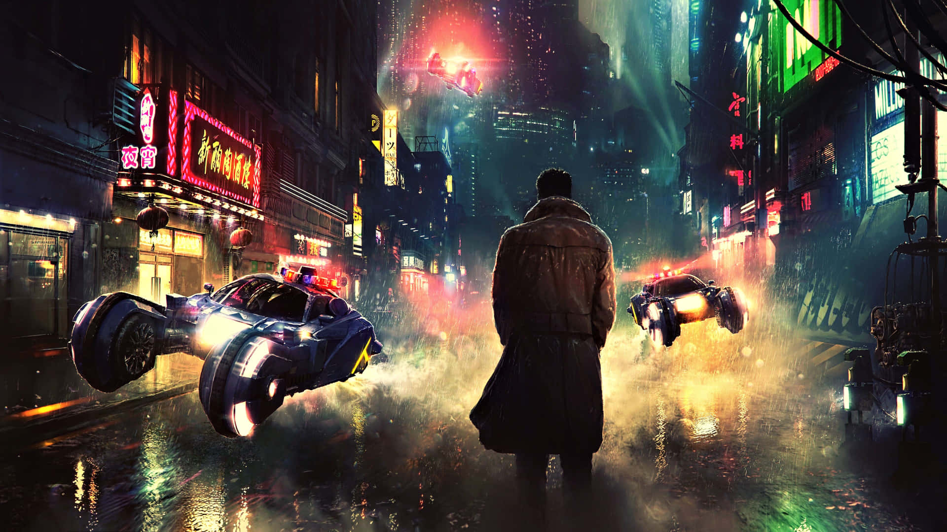 trench coat, neon-drenched rain-soaked cyberpunk street, flying cars, Full HD Desktop Wallpaper