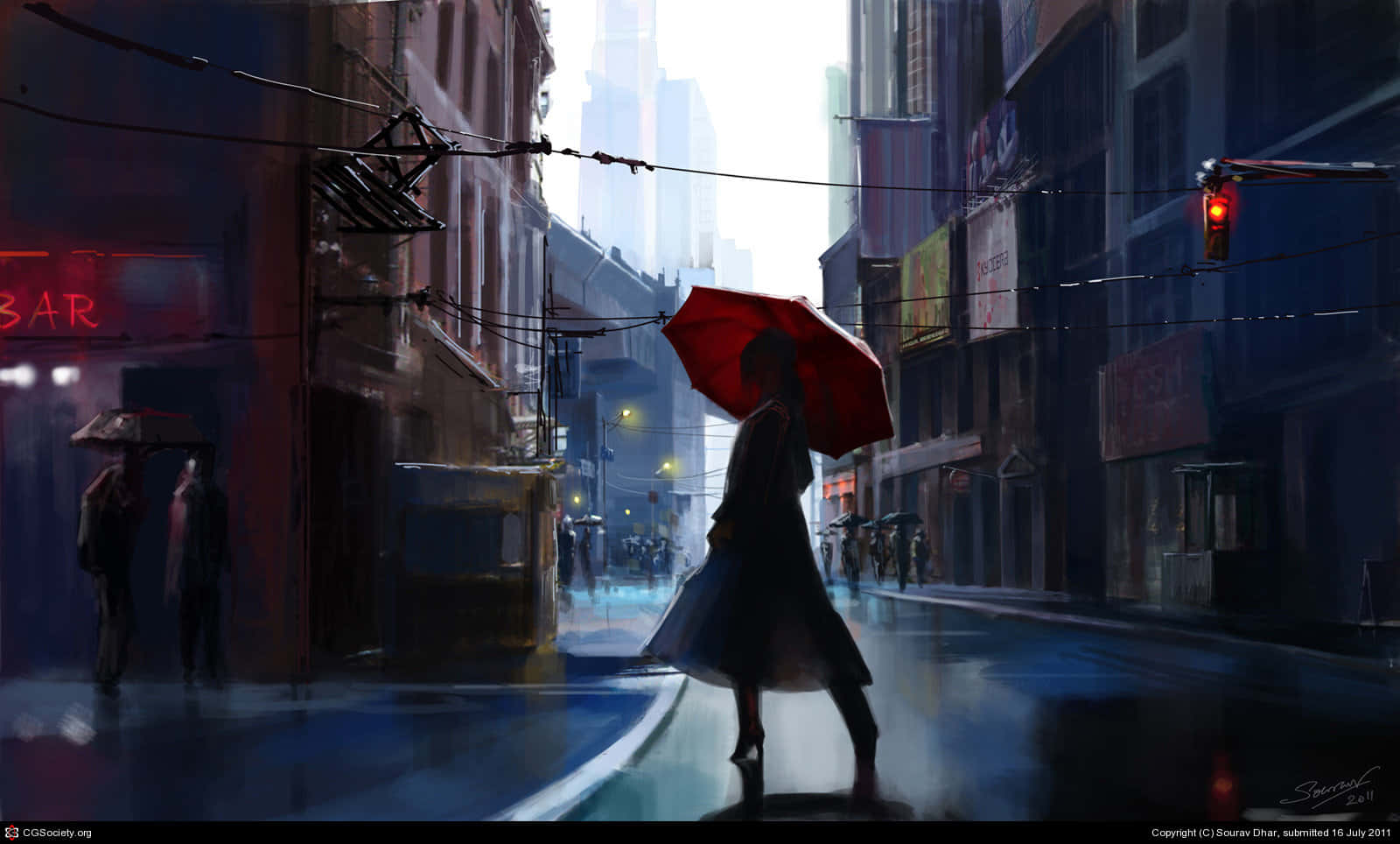 twilight bridge scene, rainy city street, neon signs glowing, HD Desktop Wallpaper