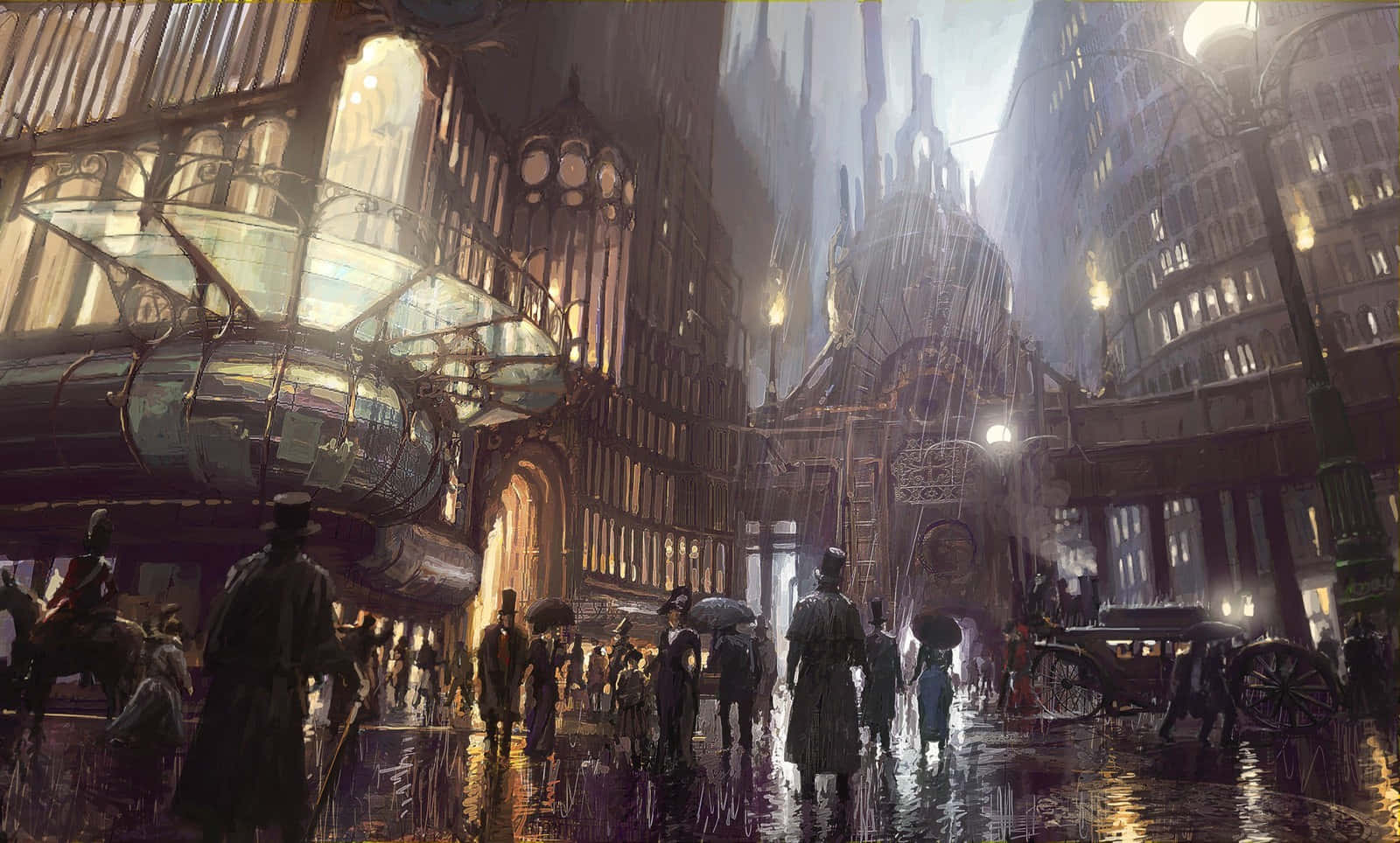 steampunk cityscape, victorian city street, glowing gas lamps, HD Desktop Wallpaper