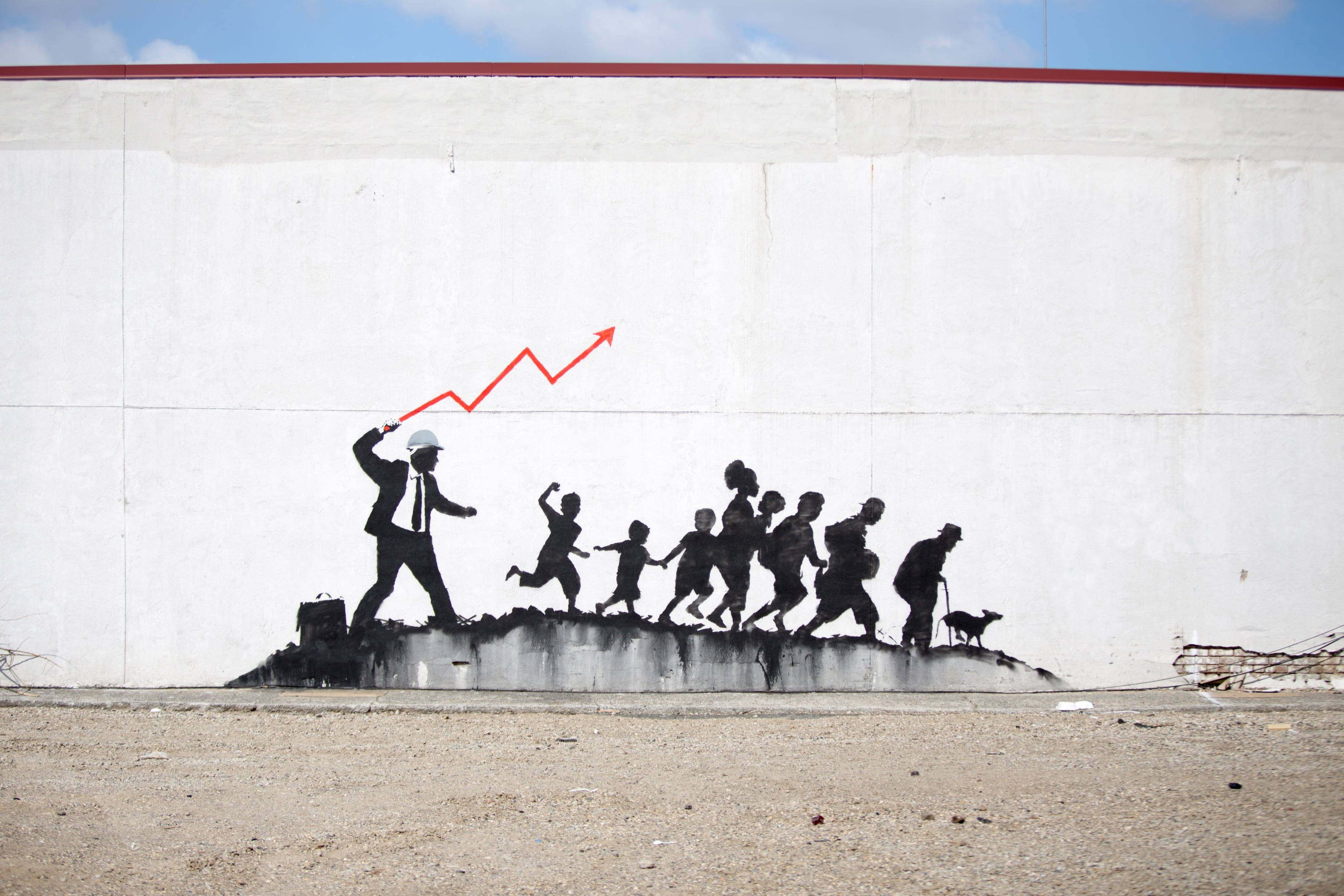 Chasing Silhouette Urban Art, businessman in a suit and hard hat, line of diverse people, 2K Desktop Wallpaper
