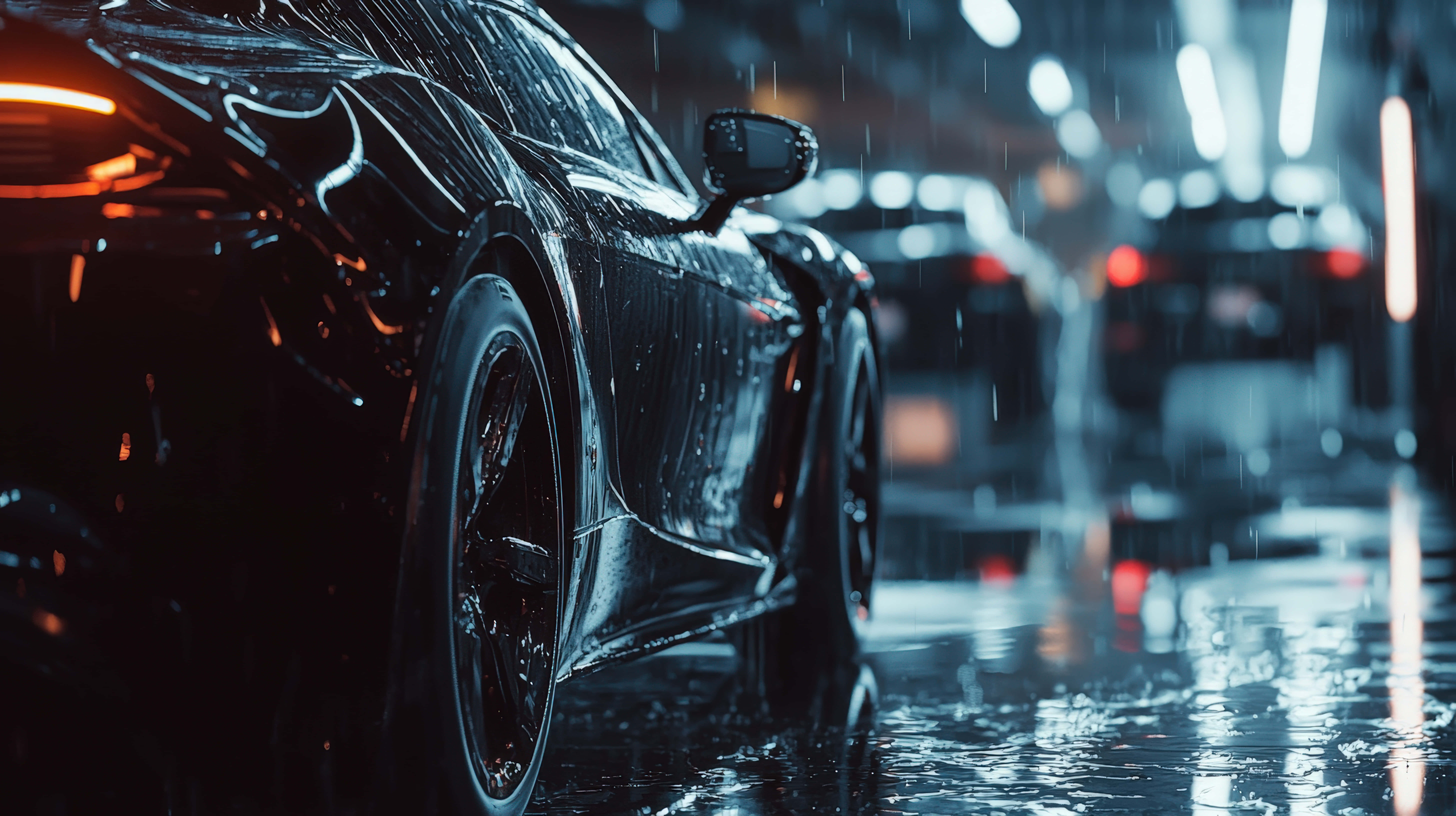 sleek black sports car, rainy city street, night, 8K Desktop Wallpaper
