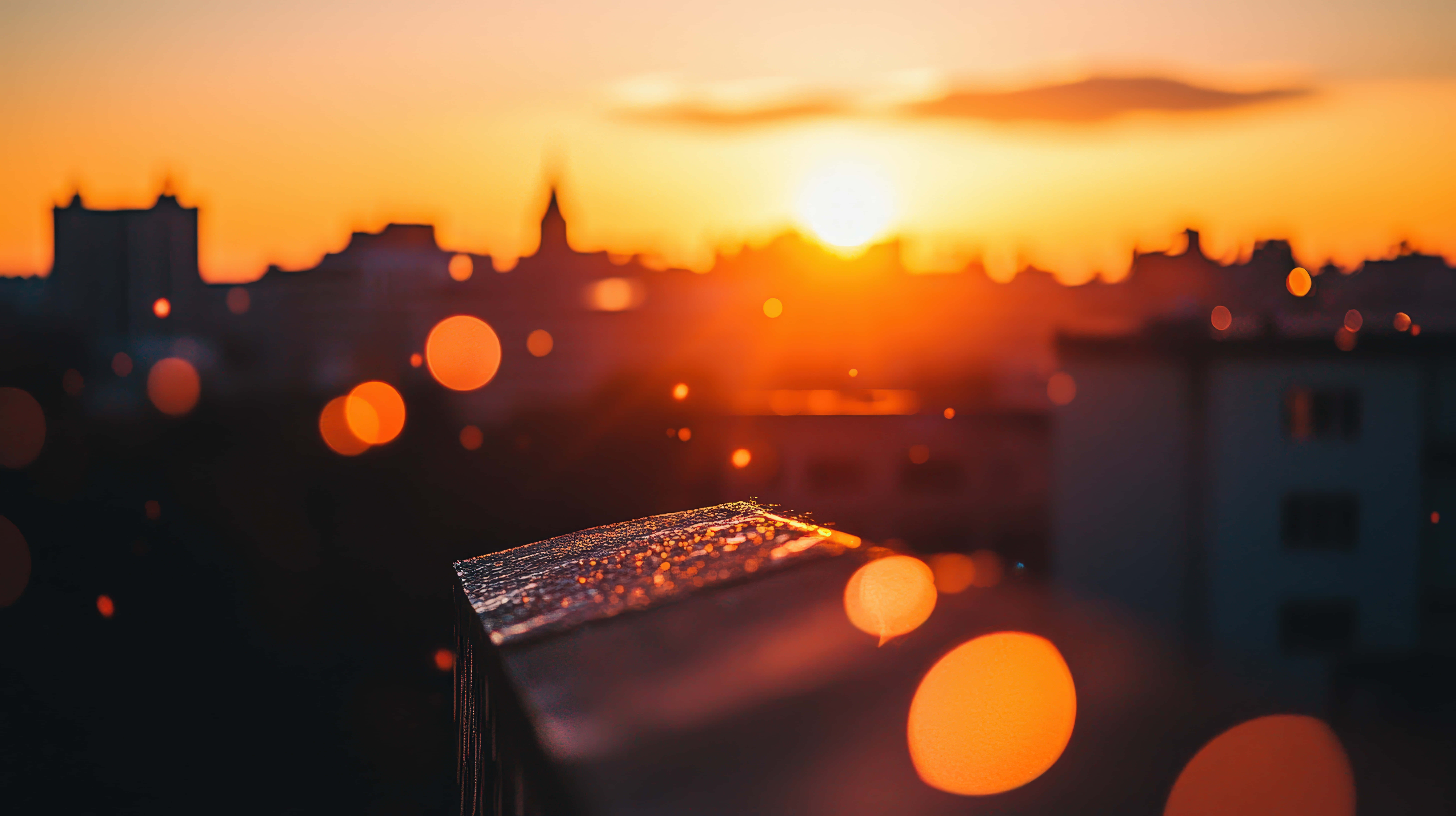 Sunset, golden hues, cityscape, 8K Desktop Wallpaper