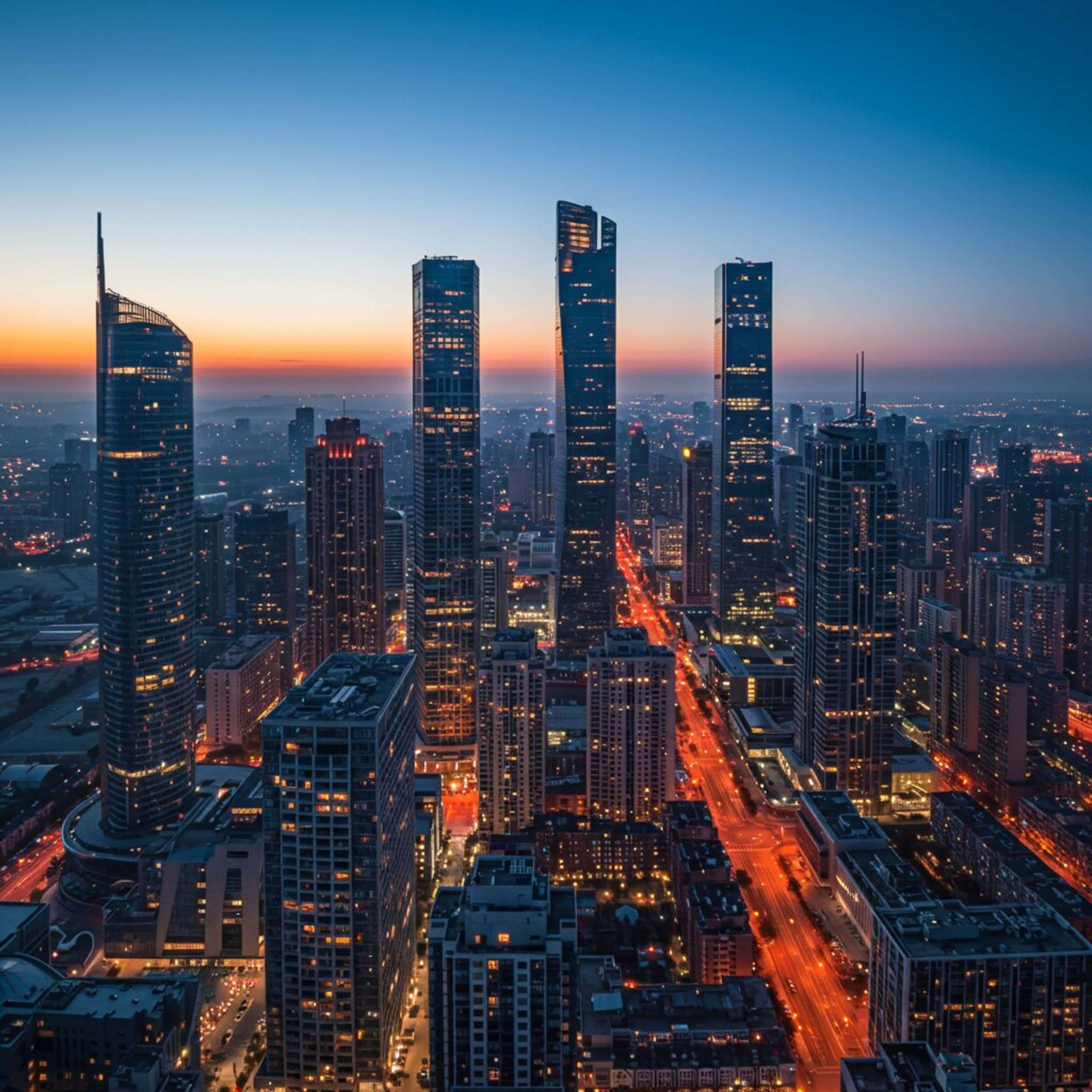 city skyline, modern skyscrapers, dusk, 4K Desktop Wallpaper