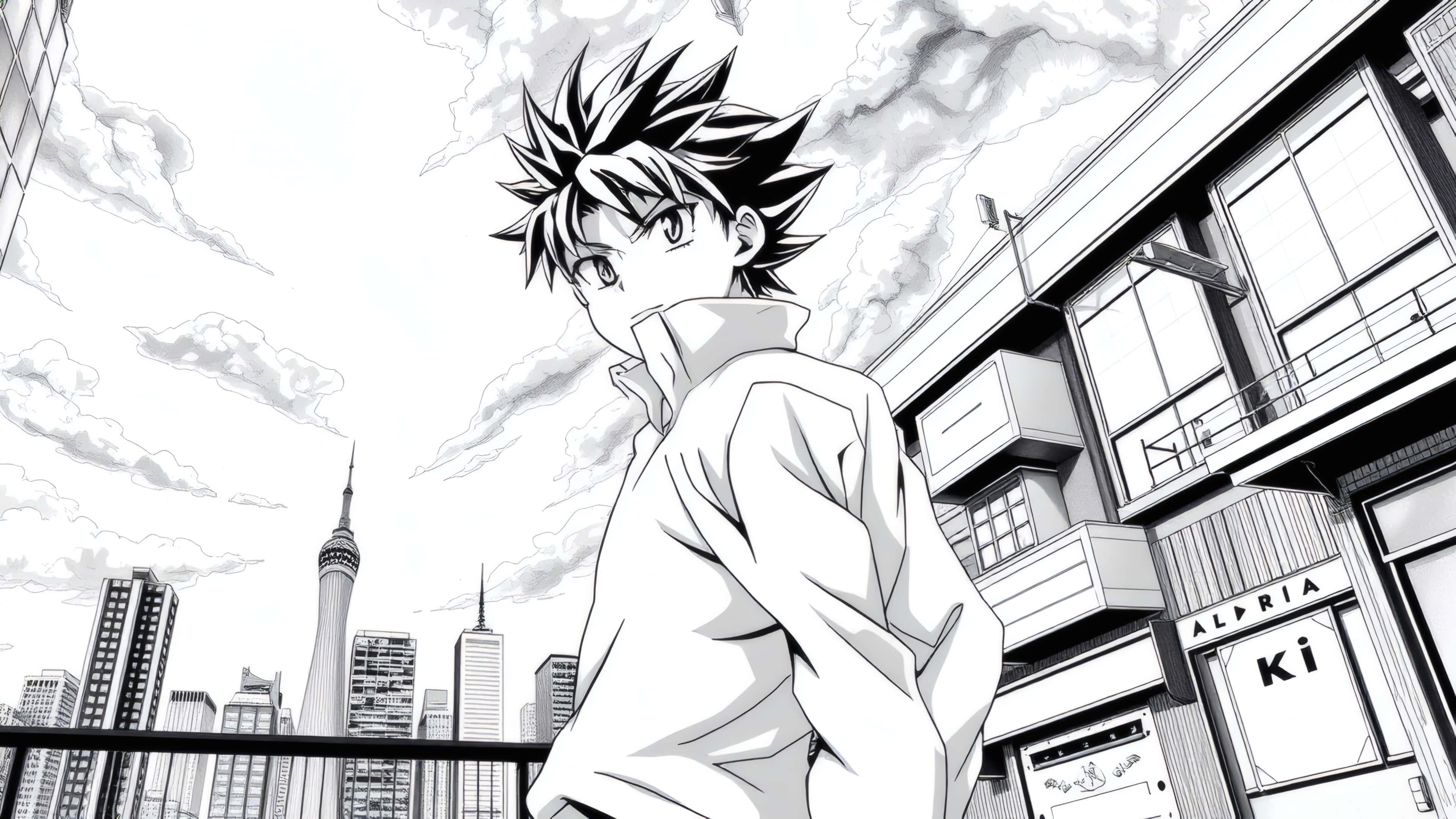 spiky-haired anime boy, collared shirt, city balcony, 4K Desktop Wallpaper