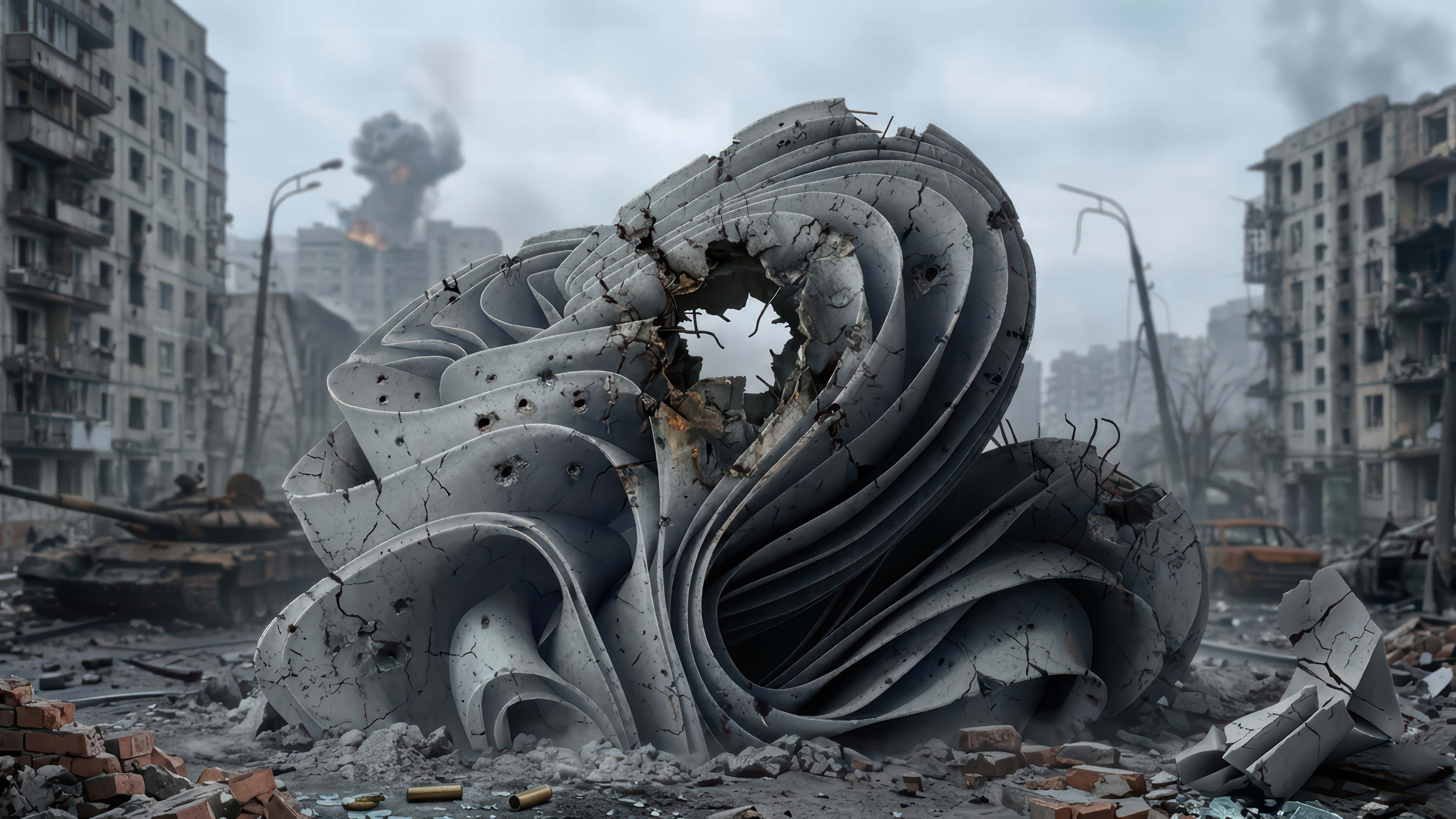 destroyed urban monument, battlefile bloom, war-torn cityscape, 4K Desktop Wallpaper