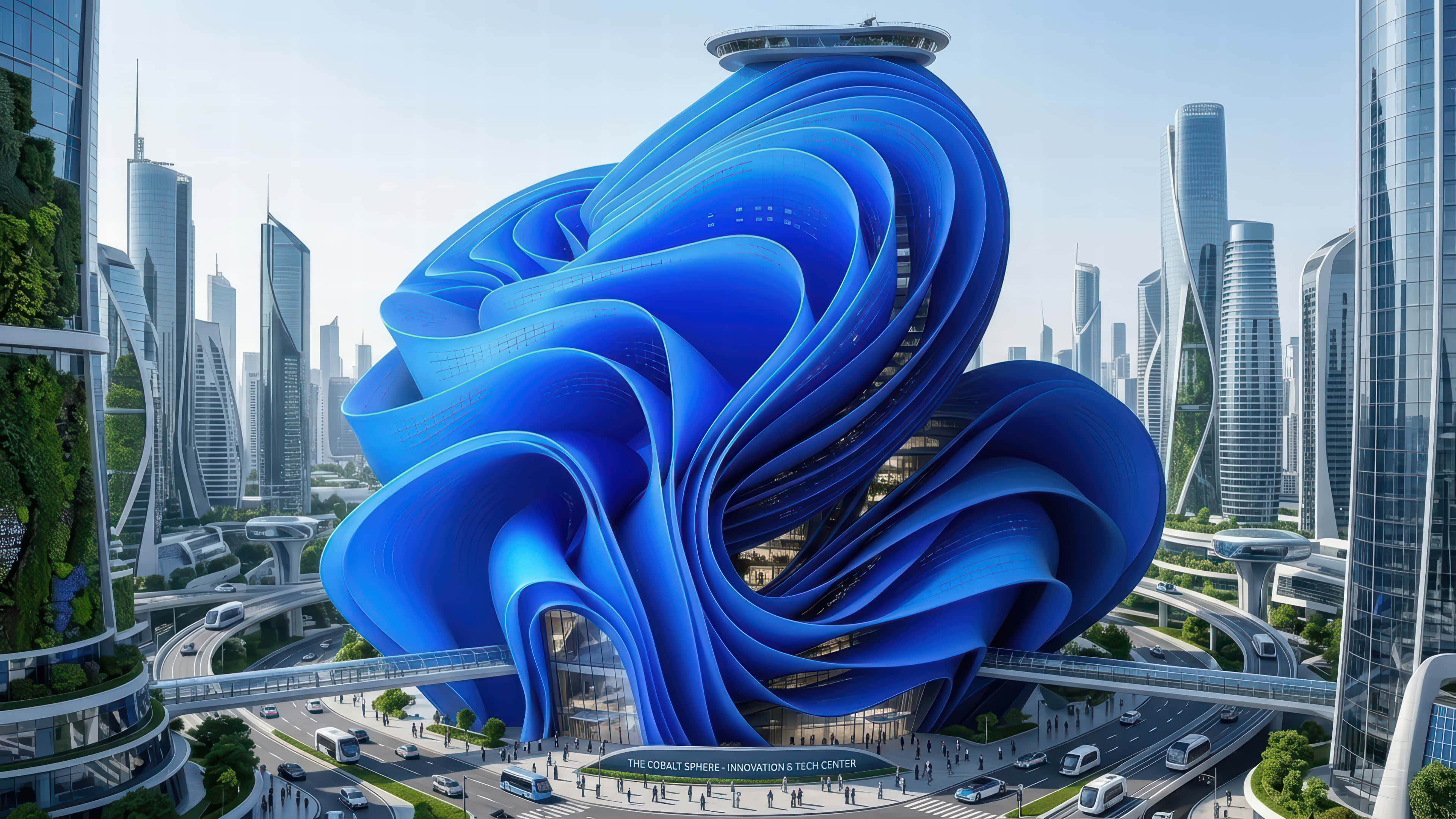 modern cityscape, futuristic blue wave-shaped building, glass skyscrapers, 4K Desktop Wallpaper