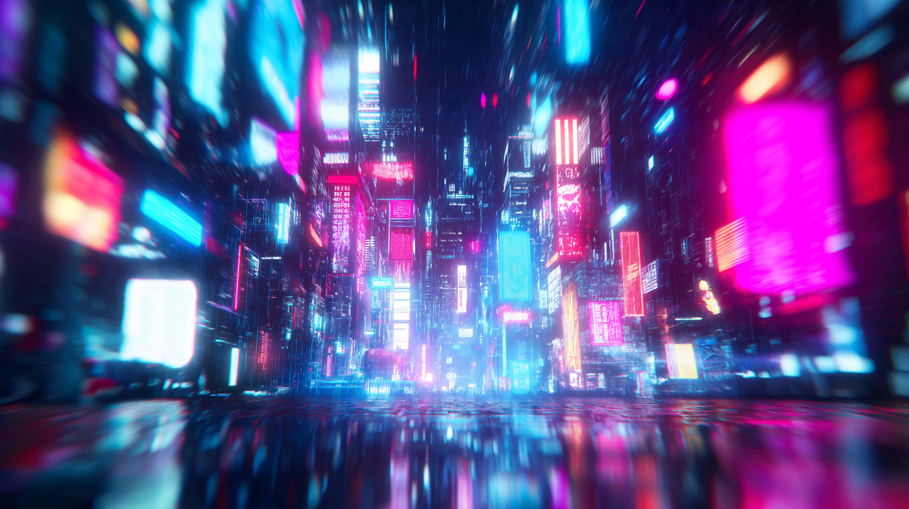 neon-drenched cyberpunk cityscape, towering skyscrapers, electric blues, 2K Desktop Wallpaper