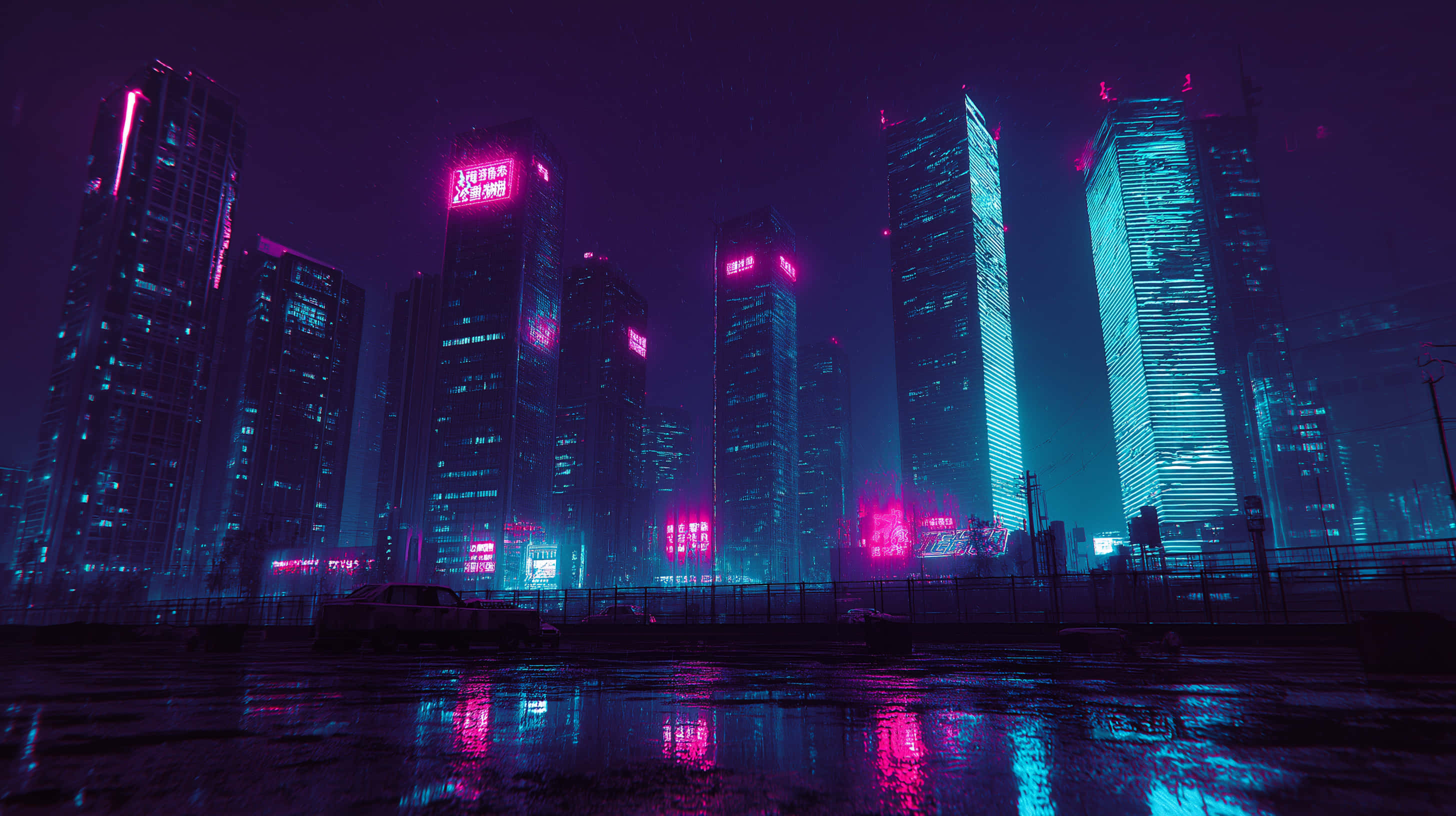 neon-lit skyscrapers, electric pink, cyan, 2K Desktop Wallpaper