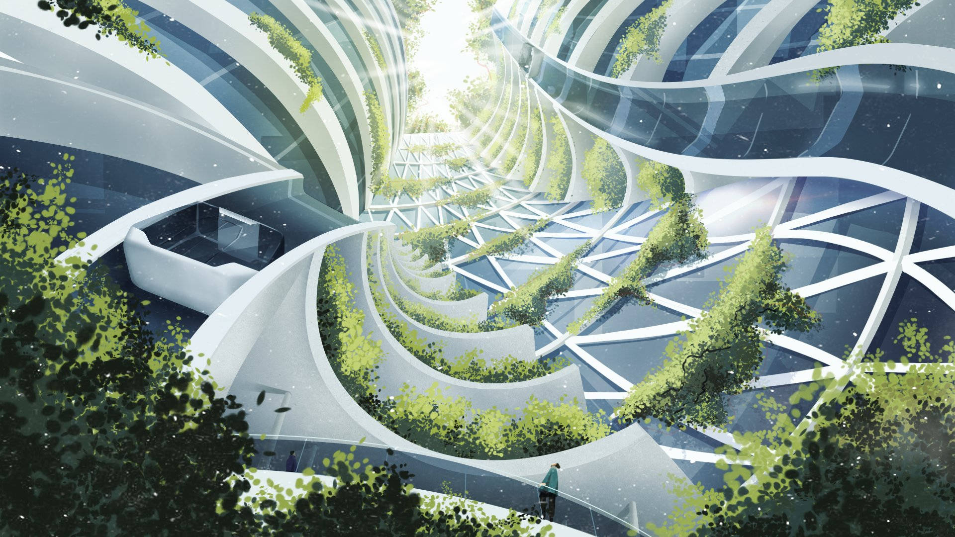 Urban Art Skyscraper Garden, futuristic spiral architecture, lush greenery, Full HD Desktop Wallpaper