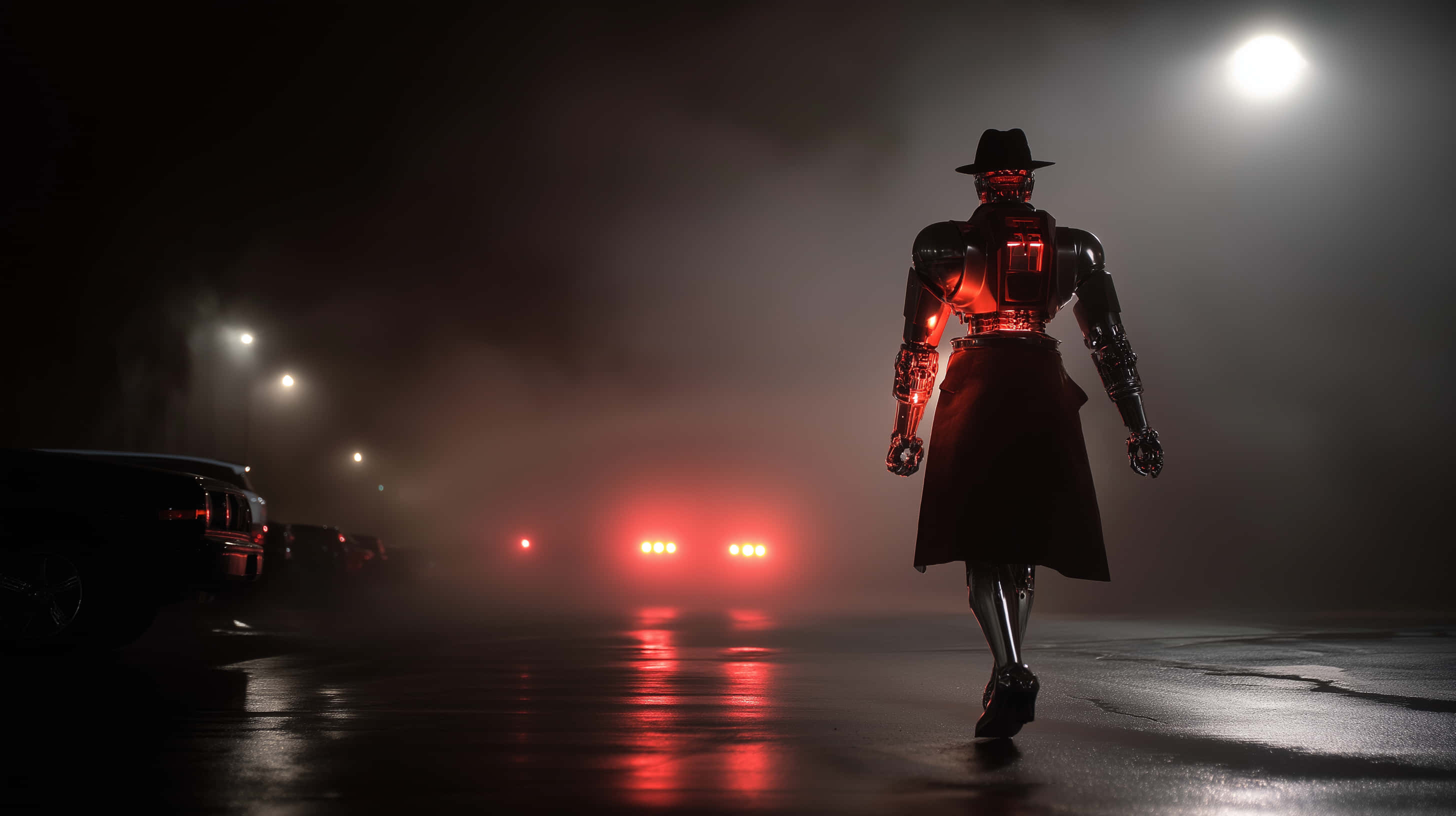 robot, trench coat, fedora, 2K Desktop Wallpaper