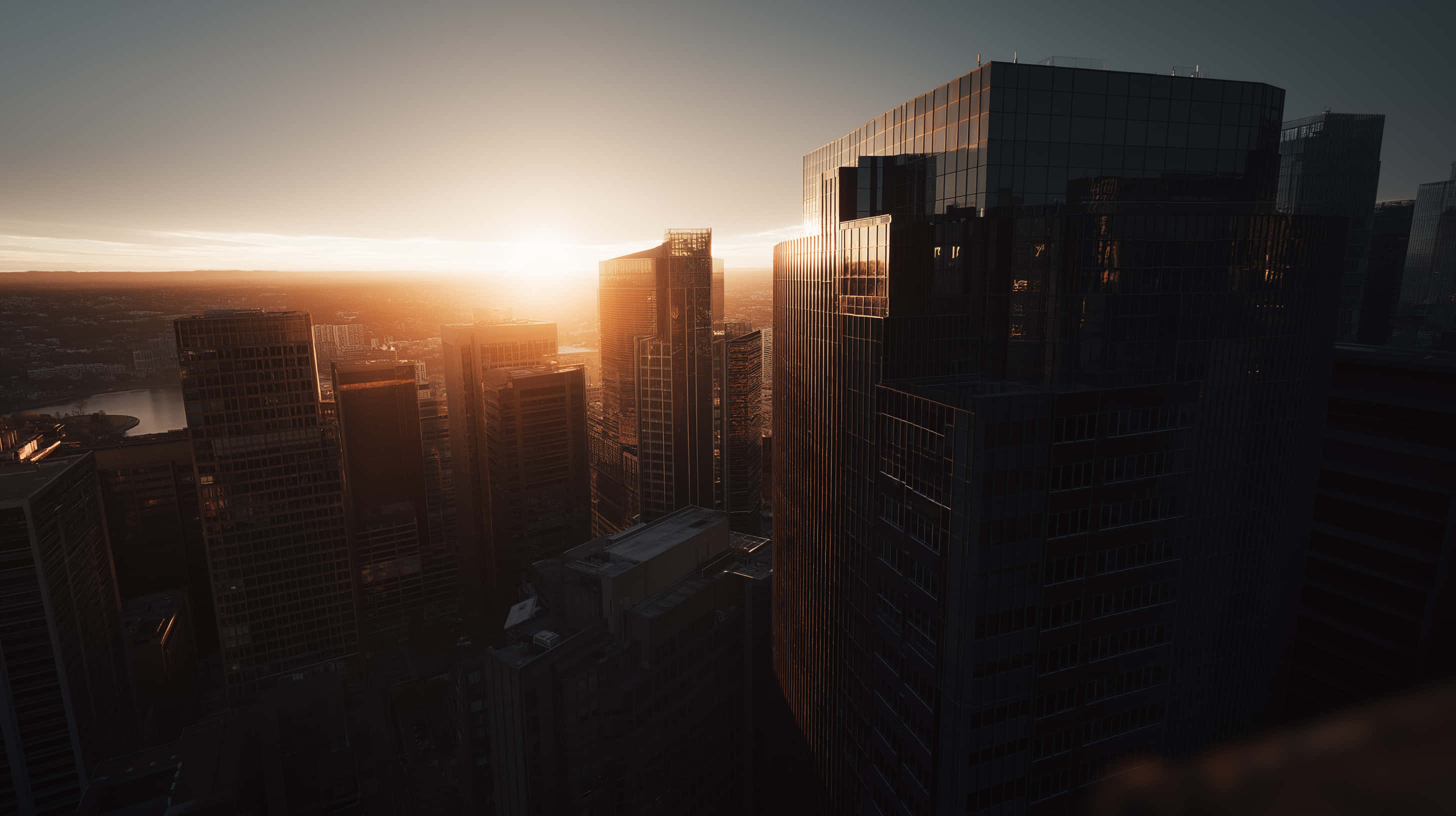 Sunset, skyscrapers, glass facades, 2K Desktop Wallpaper