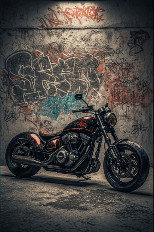 black custom motorcycle, orange accents, gritty alleyway, SD Phone Wallpaper
