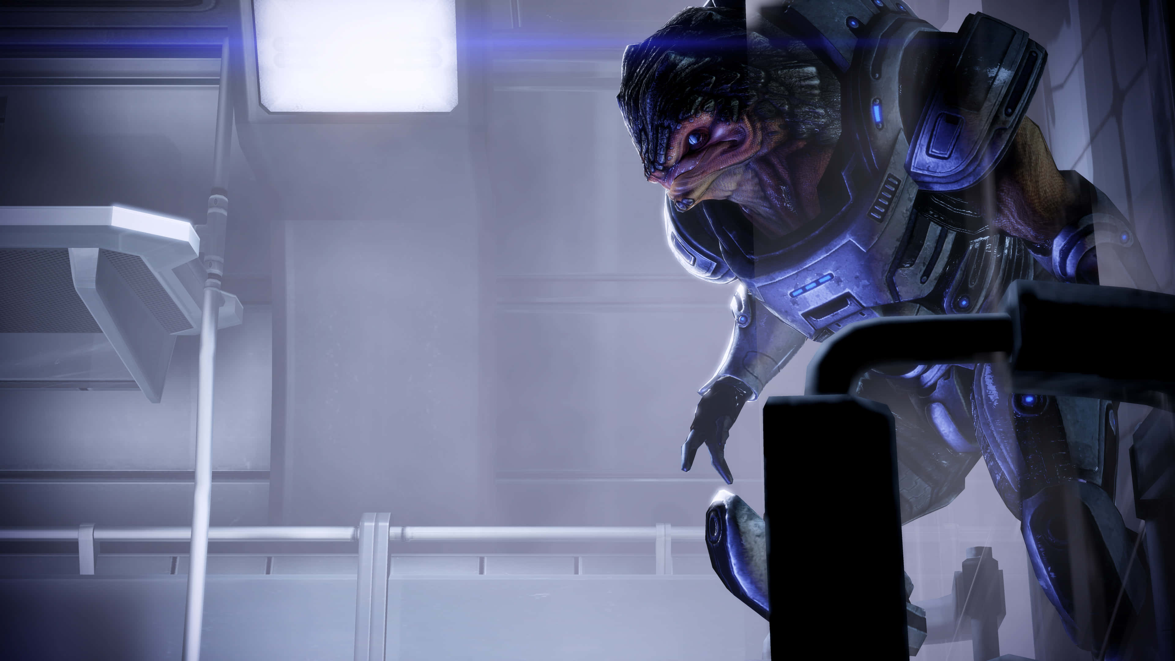 Urdnot Wrex, futuristic armor, sci-fi corridor, 4K Desktop Wallpaper