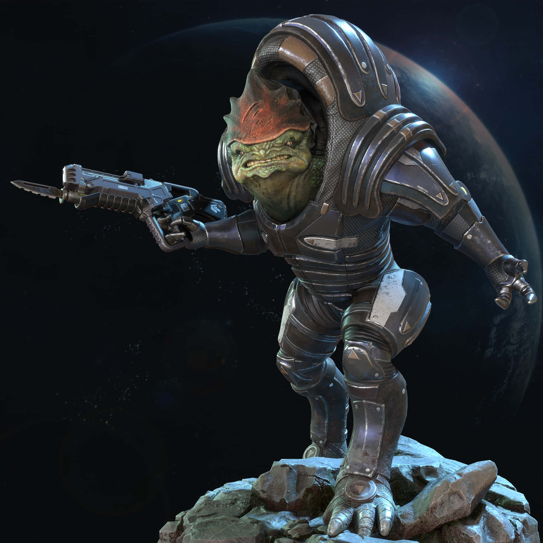 Urdnot Wrex, green-skinned alien warrior, detailed armor, Full HD Desktop Wallpaper